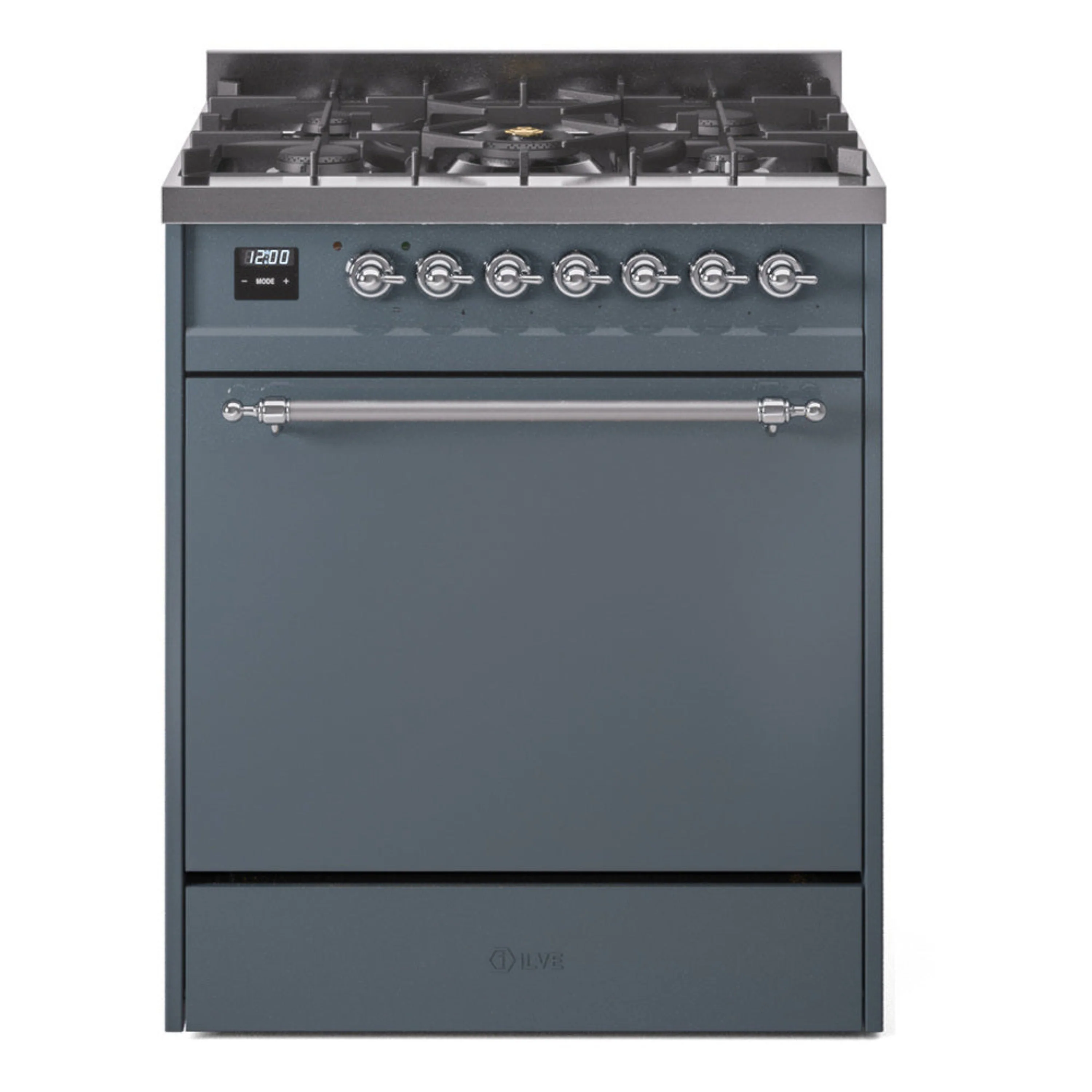 ILVE Nostalgie II 30-Inch Dual Fuel Range with Solid Door in Blue Grey with Chrome Trim (UP30QNMPBGC)