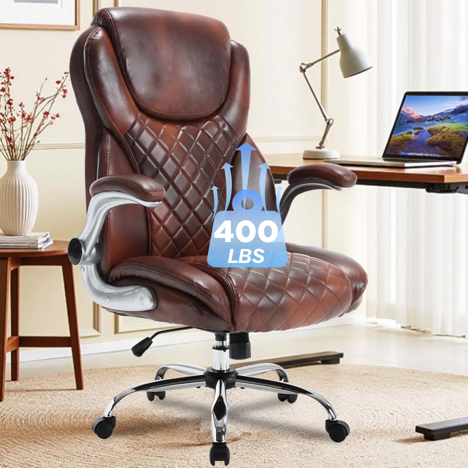 Big and Tall Executive Office Chair Brown, PU Leather High Back Office Desk Chairs with Wheels, Rocking Managerial Ergonomic Big Tall Home Computer Chairs with Flip up Arms and Lumbar Support