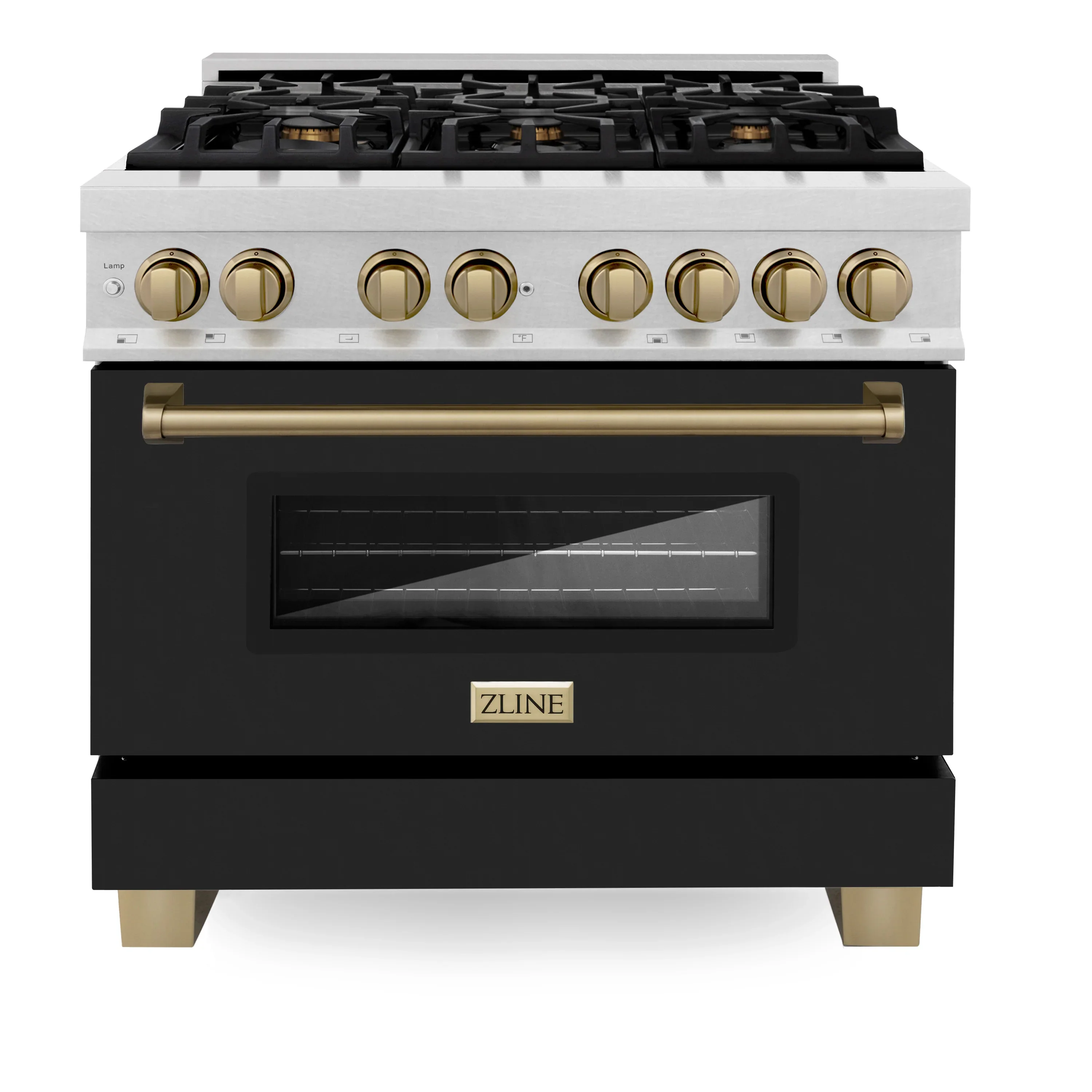 ZLINE Legacy Series Autograph Edition 36-inch Dual Fuel Range with Gas Stove and 4.6 Cu. Ft. Electric Oven in Fingerprint Resistant Fingerprint Resistant DuraSnow® Stainless Steel with Black Matte Door and Champagne Bronze Accents (RASZ-BLM-36-CB)