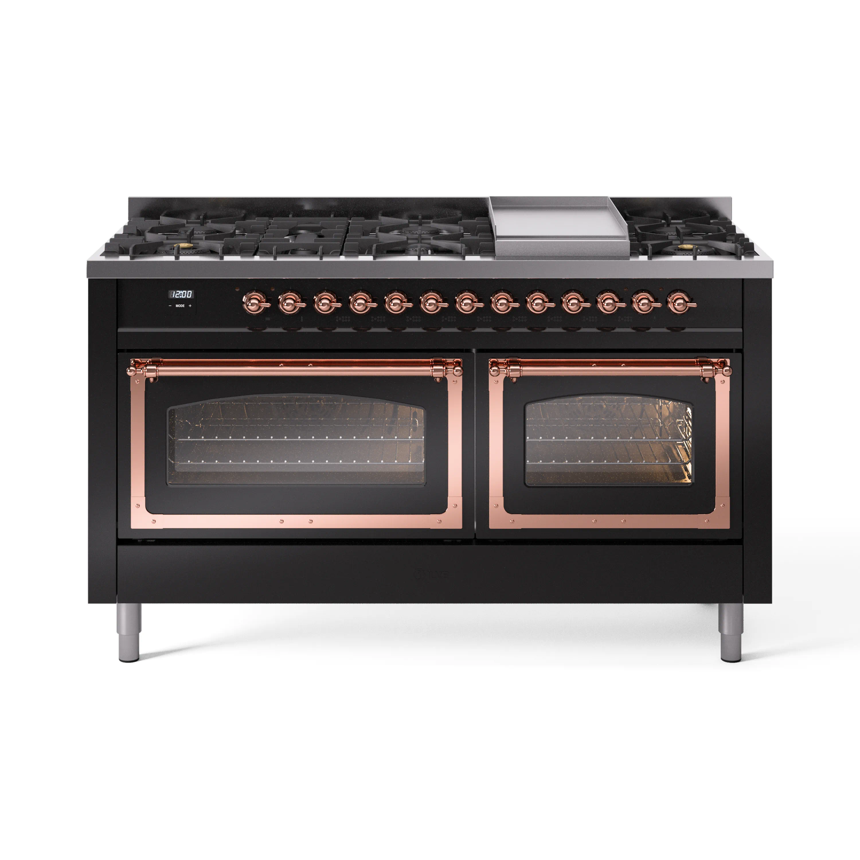 ILVE 60-Inch Nostalgie II Noblesse Dual Fuel Range with 9 Sealed Burners, Griddle, Triple Glass Door Oven in Glossy Black with Copper Trim (UN60FNMPBKP)