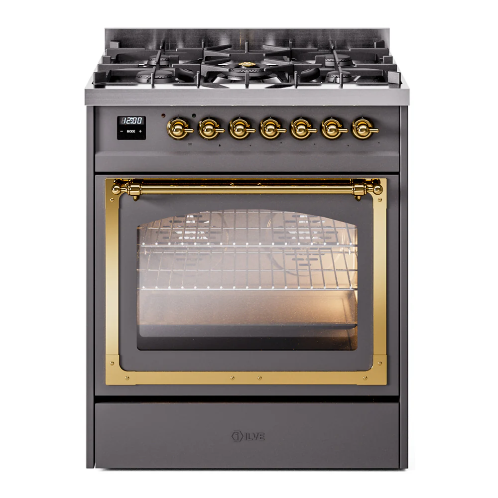 ILVE Nostalgie II Noblesse 30-Inch Dual Fuel Range with Triple Glass Door in Matte Graphite with Brass Trim (UN30NMPMGG)
