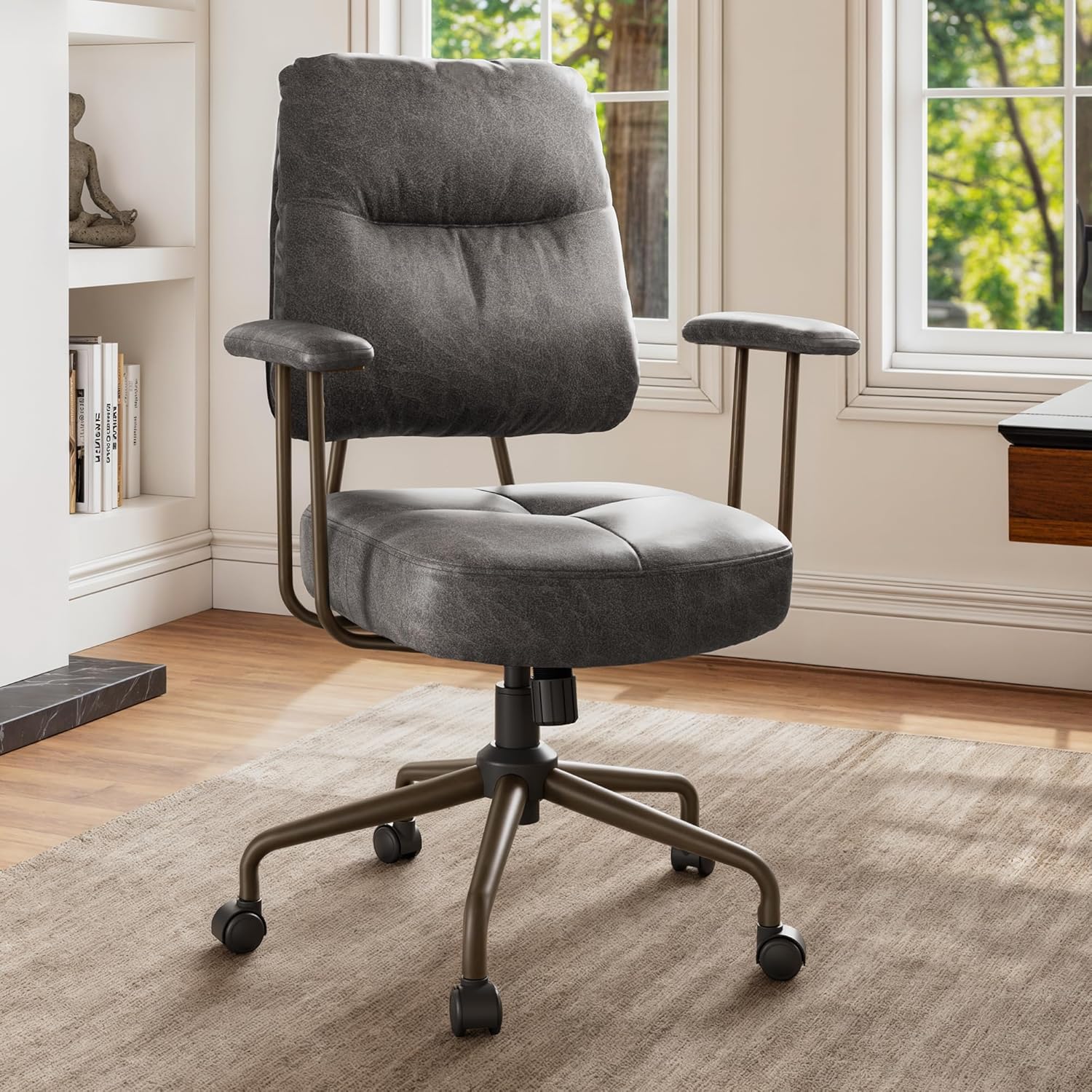 EUREKA ERGONOMIC Becky Mid Century Modern Office Desk Chairs Leather, Comfy Office Chair with Lumbar Support and Arms, Mid Back, Comfortable Thick Cushion, Height Adjustable, 360°Swivel, Cement Grey