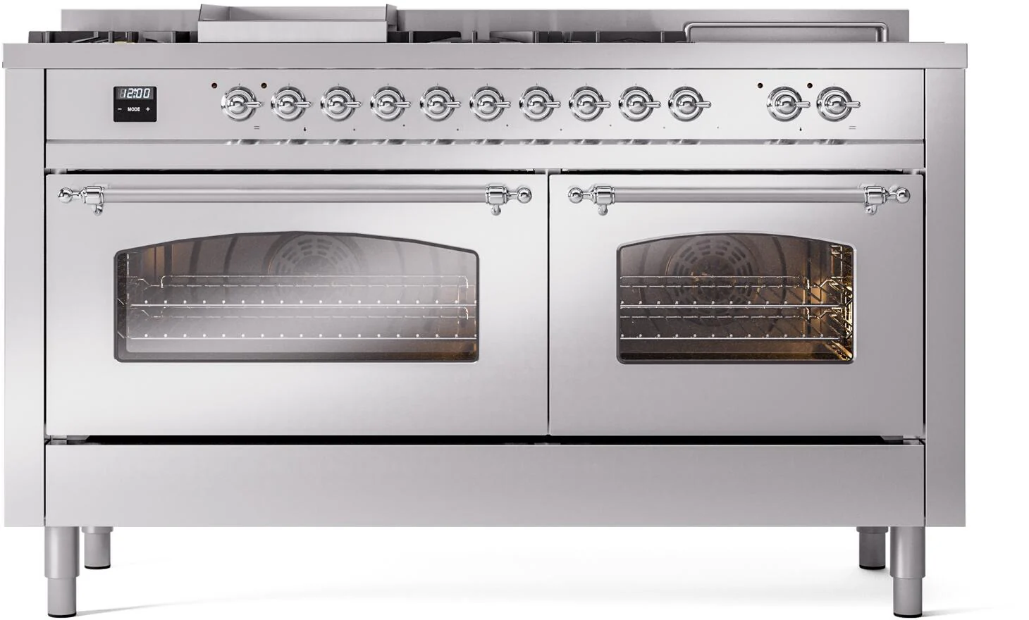 ILVE Nostalgie II 60-Inch Dual Fuel Range with 7 Burners, Griddle, & French Top with Triple Glass Door Oven in Stainless Steel with Chrome Trim (UP60FSNMPSSC)