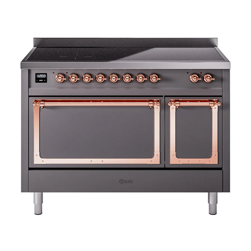 ILVE Nostalgie II Noblesse 48-Inch Induction Range with Solid Door Oven in Matte Graphite with Copper Trim (UNI486QNMPMGP)