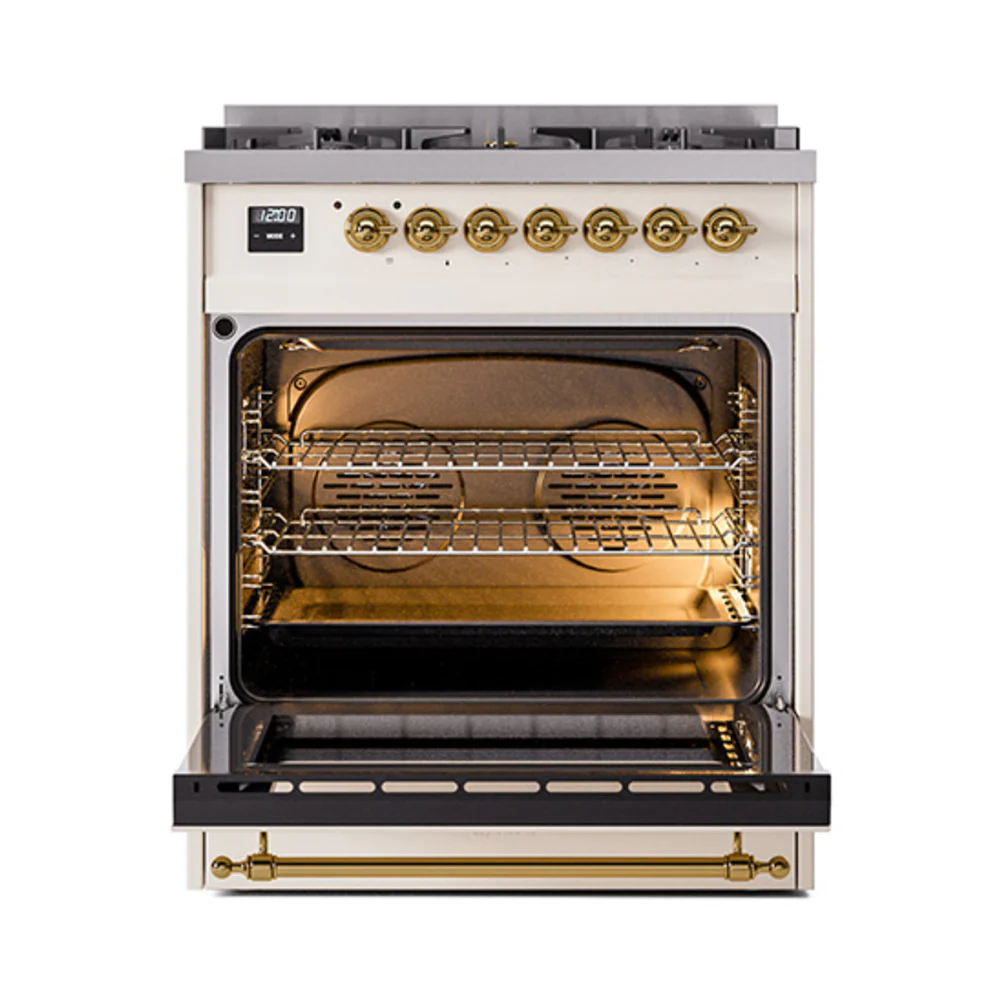 ILVE Nostalgie II 30-Inch Dual Fuel Range with Solid Door in Antique White with Brass Trim (UP30QNMPAWG)