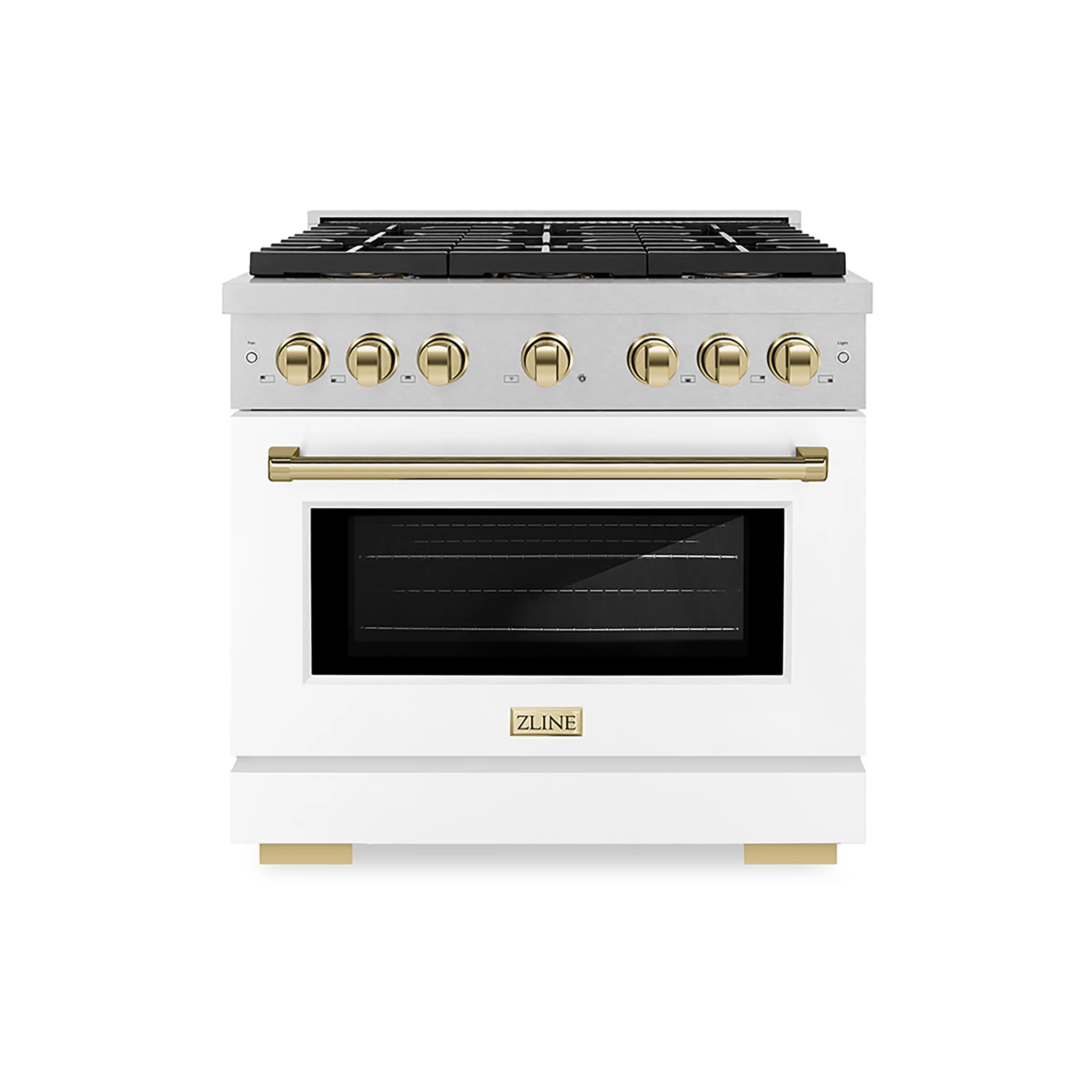 ZLINE Autograph Edition 36-Inch 5.2 cu. ft. Paramount Gas Range with 6 Burner DuoPro鈩?Cooktop and Convection Gas Oven in Satin Stainless Steel with White Matte Door and Polished Gold Accents (PSGRSZ-WM-36-G)