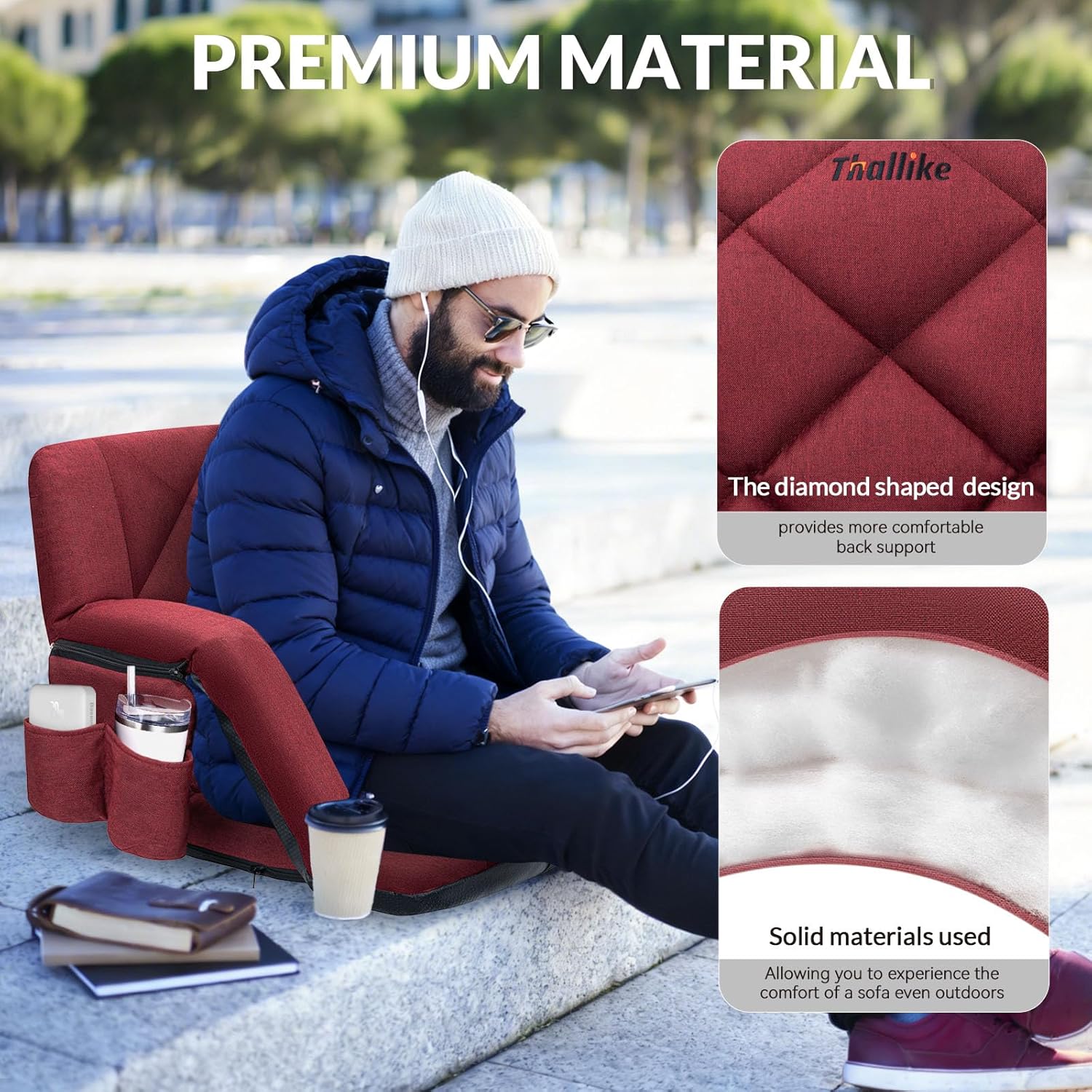 25inch Extra Wide Stadium Seat, Thick Bleacher Chair with Back Support and Cushion, 6 Reclining Positions Bleacher Seat with Armrest, Upgrade Sofa Style Stadium Chair for Sport Events and Outdoors