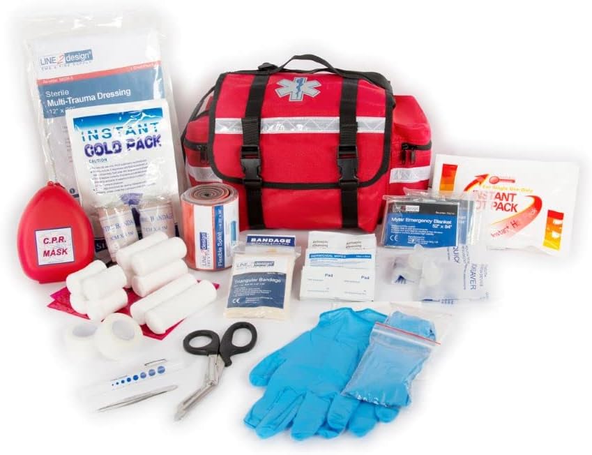 LINE2design Emergency Fire First Responder Kit - Fully Stocked EMS Supplies First Aid Paramedic Rescue Trauma Fill Kit - Emergency Medical EMT Supplies Portable Travel Size Kit - Red