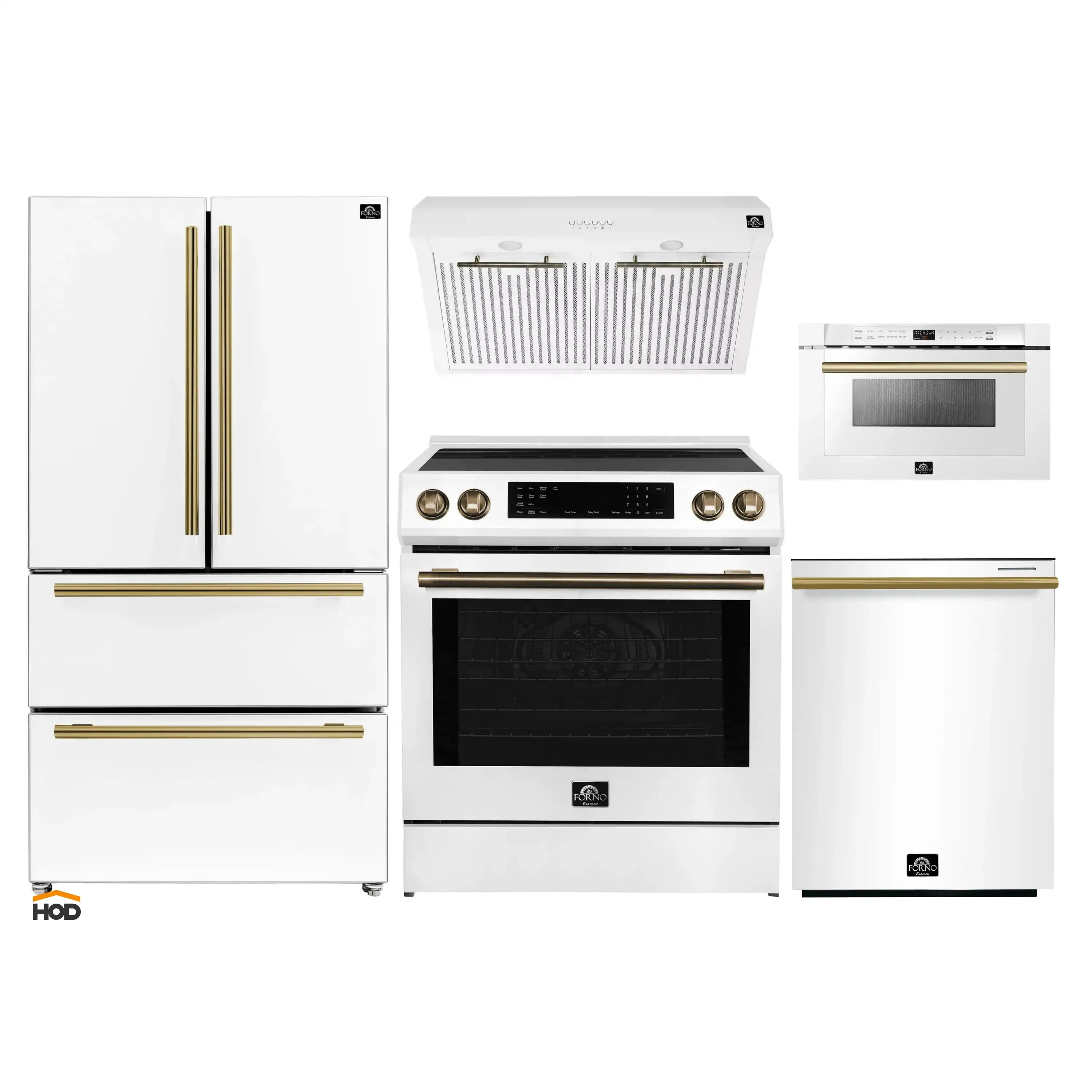 Forno 5-Piece Appliance Package - 30-Inch Induction Range, Under Cabinet Range Hood, Refrigerator, Dishwasher, and  Microwave Drawer in White with Antique Brass Trim