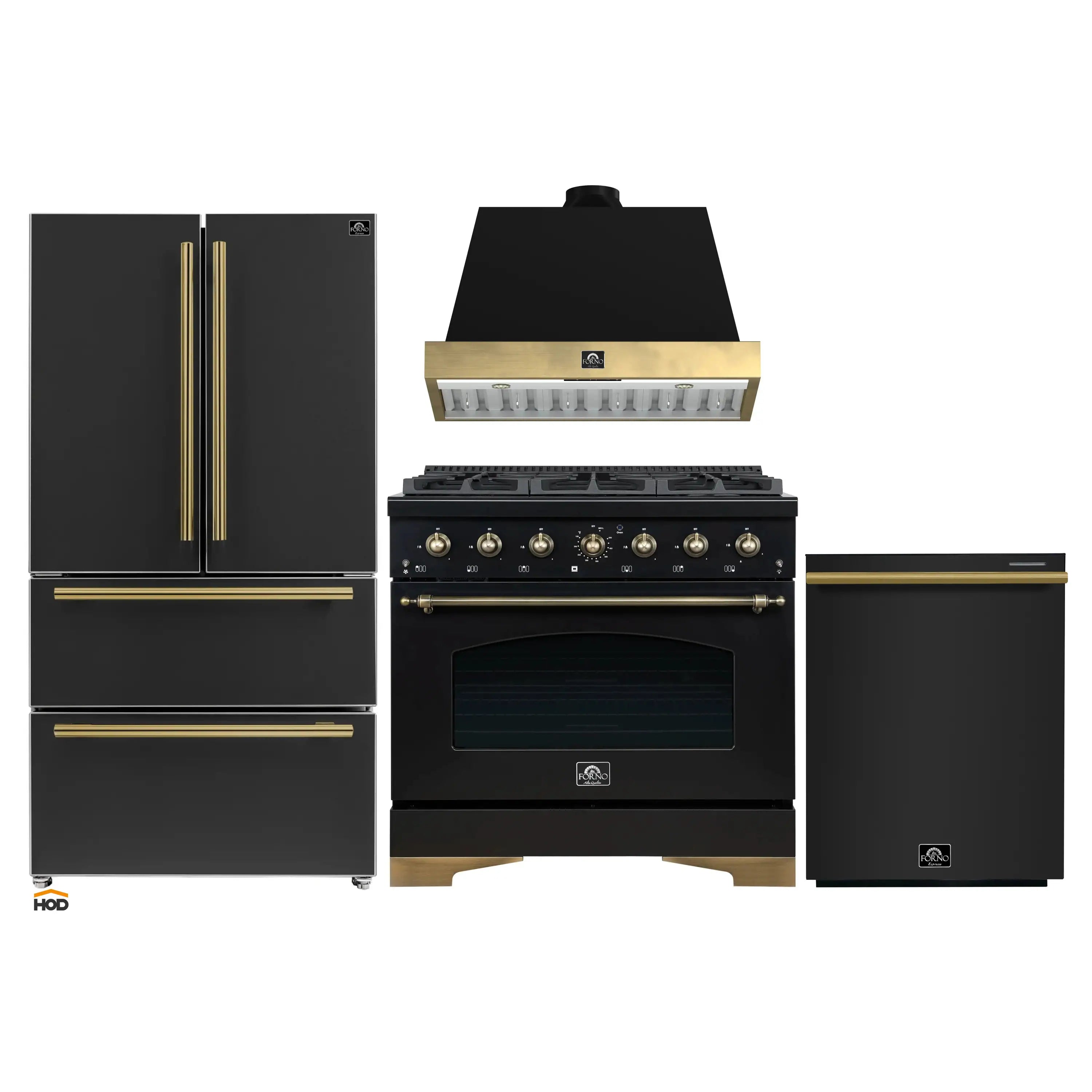 Forno Antico 4-Piece Appliance Package - 36-Inch Gas Range, 36-Inch Hood, 36-Inch Refrigerator, & 24-Inch Dishwasher in Black with Antique Brass Trim