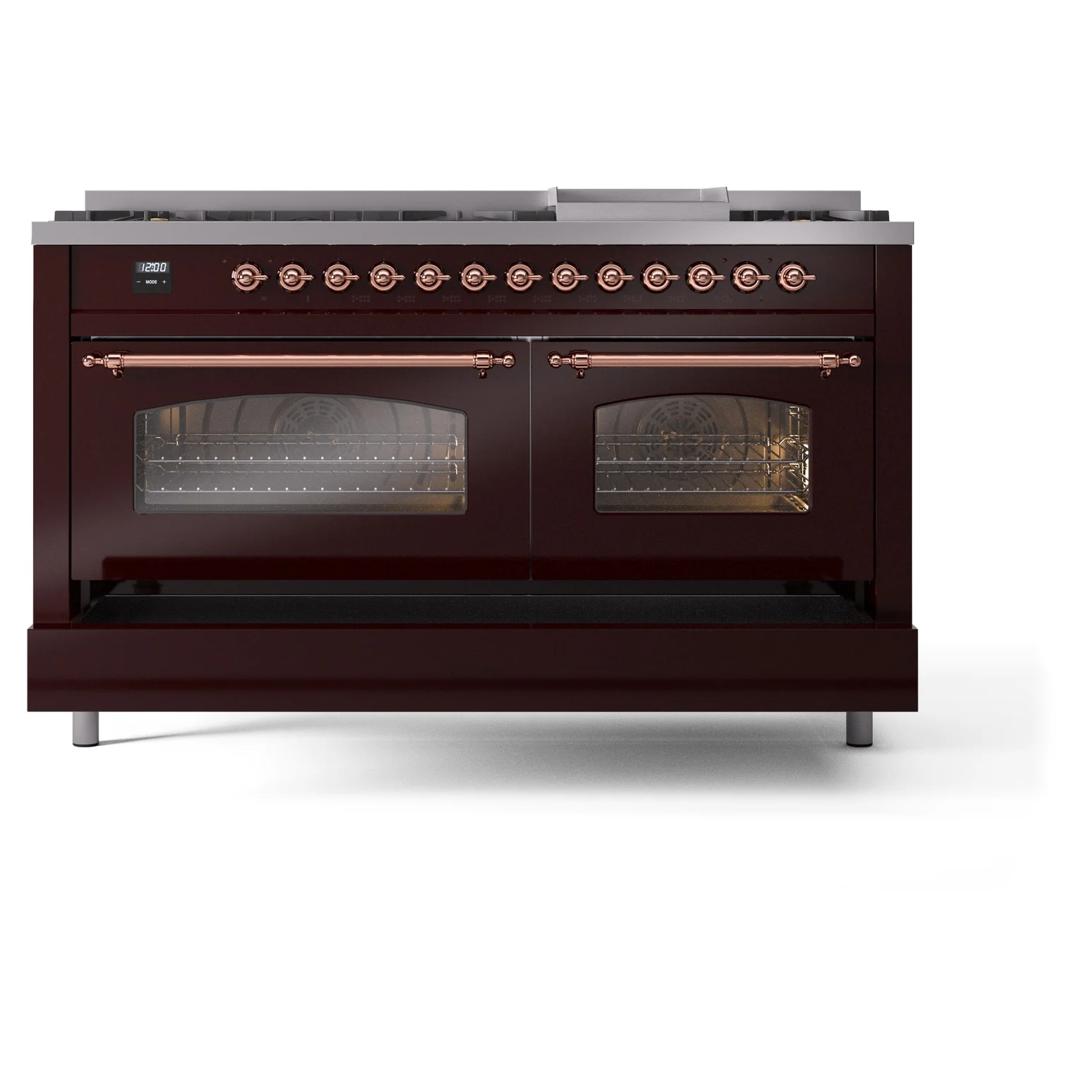 ILVE 60-Inch Nostalgie II Dual Fuel Range with 9 Burners, Griddle and Triple Glass Door Oven in Burgundy with Copper Trim (UP60FNMPBUP)