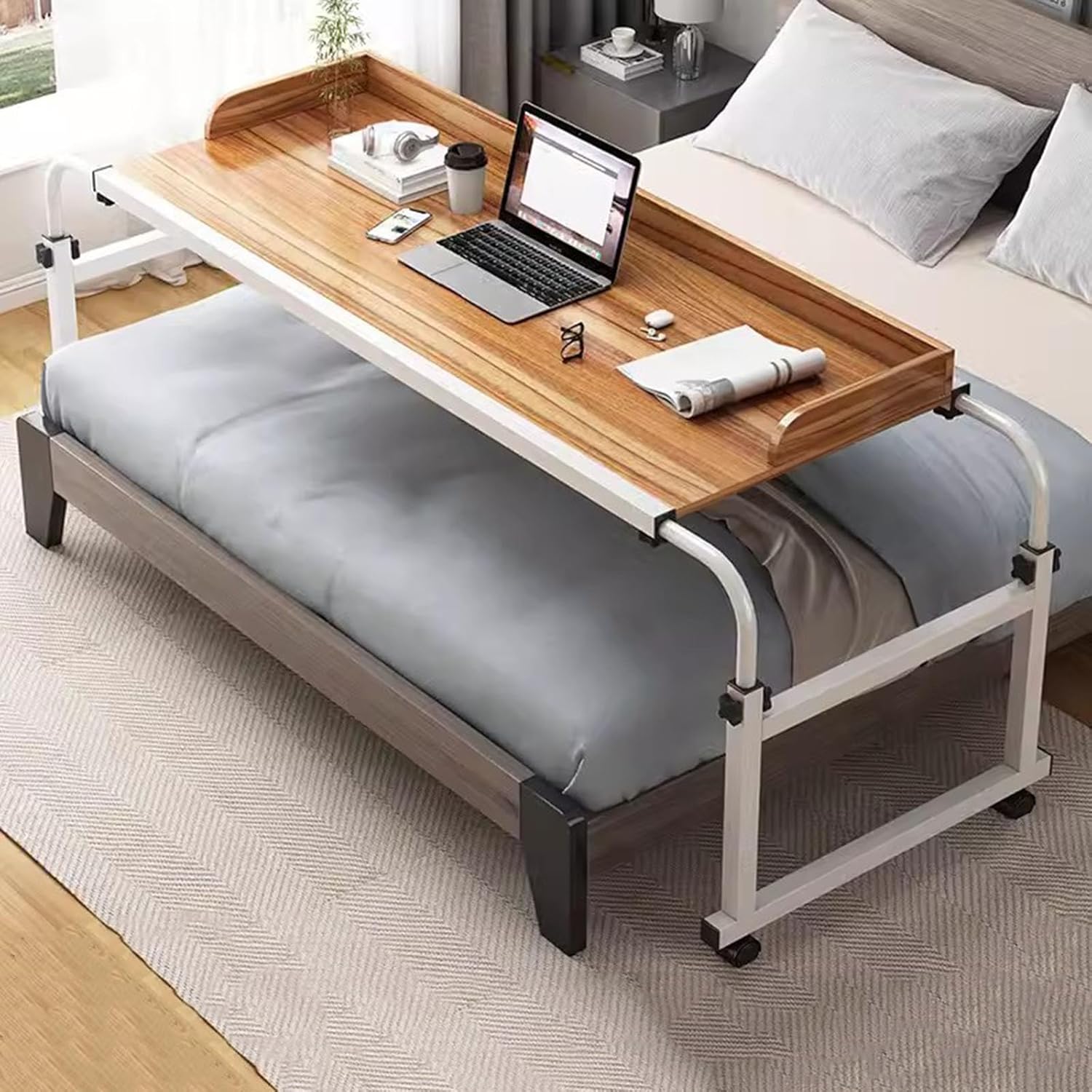 Over Bed Tables,Medical Table with Wheels Over Bed Desk Height Adjustable 65-95cm Height and Width Adjustable Rolling Laptop Desk with Wheels Food Tray Desk(Color:Wood)