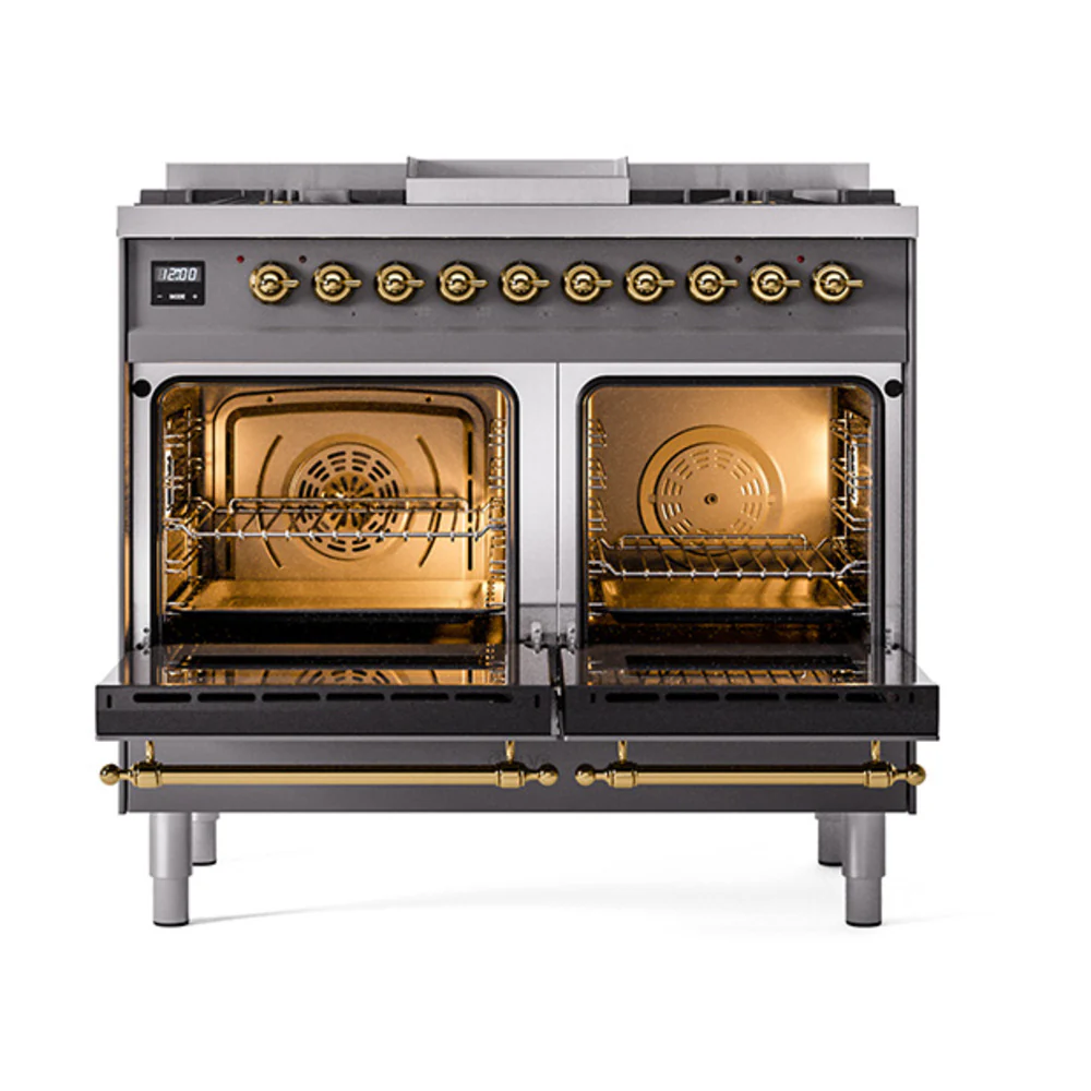 ILVE 40-Inch Nostalgie II Noblesse Dual Fuel Range with Solid Door Oven in Matte Graphite with Brass Trim (UND40FQNMPMGG)