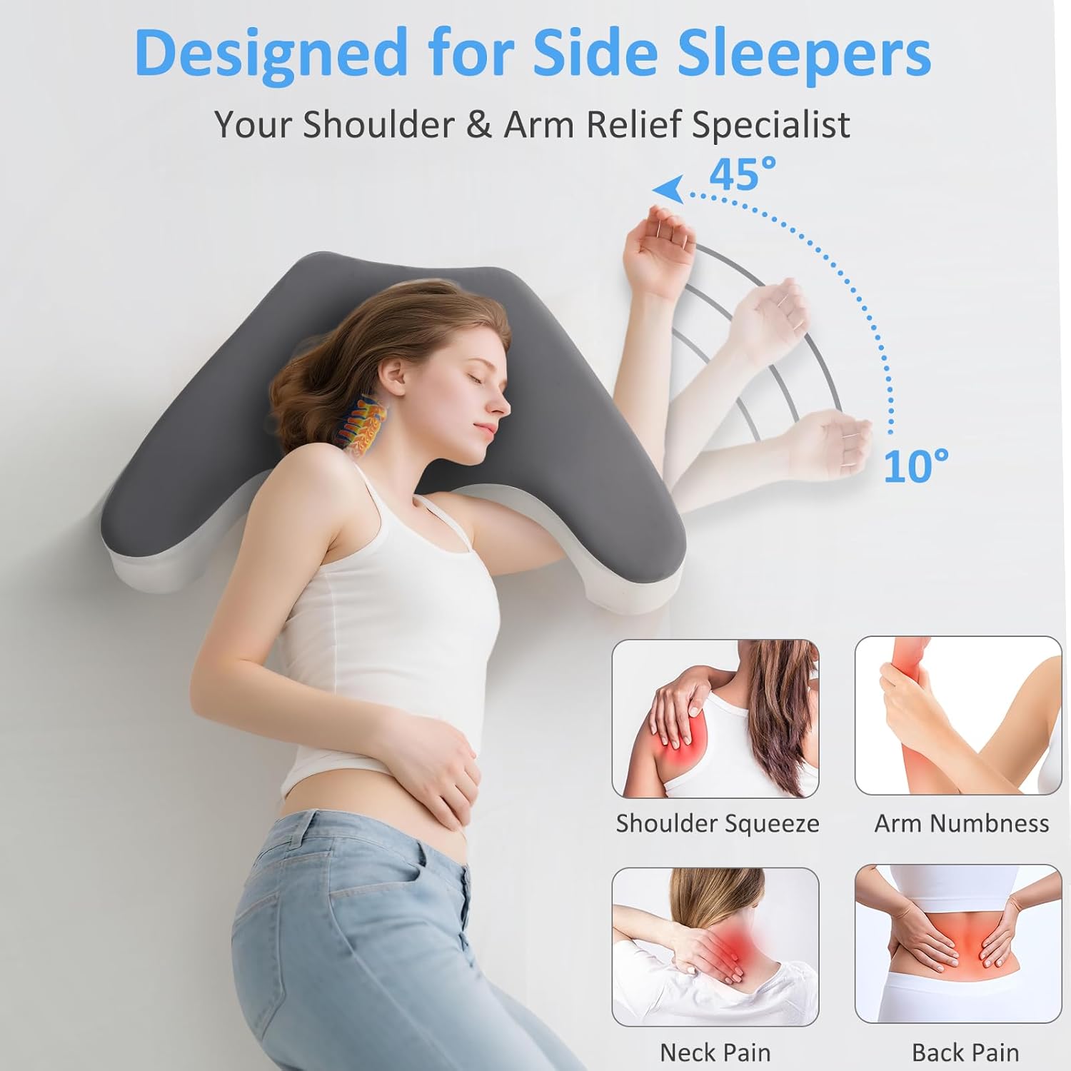 Side Sleeper Pillow for Shoulder Pain Relief, Memory Foam Pillow with Arm Hole & Neck Support Design, Ergonomic Back Sleeping Cervical Pillows with Washable Cooling Pillows Case - Grey&White