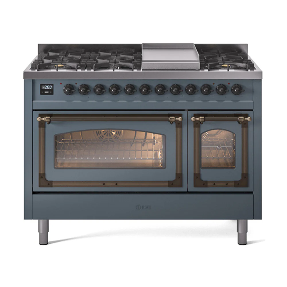 ILVE Nostalgie II Noblesse 48-Inch Dual Fuel Freestanding Range in Blue Grey with Bronze Trim (UN48FNMPBGB)