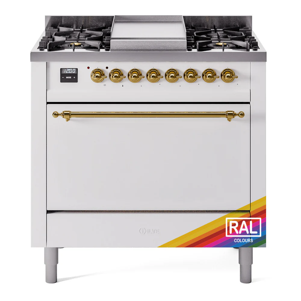 ILVE 36-Inch Nostalgie II Dual Fuel Range with 6 Burners and Solid Door Oven in RAL with Brass Trim (UP36FQNMPRAG)