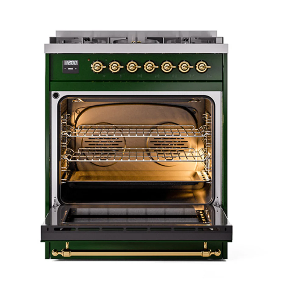 ILVE Nostalgie II 30-Inch Dual Fuel Range with Solid Door in Emerald Green with Brass Trim (UP30QNMPEGG)