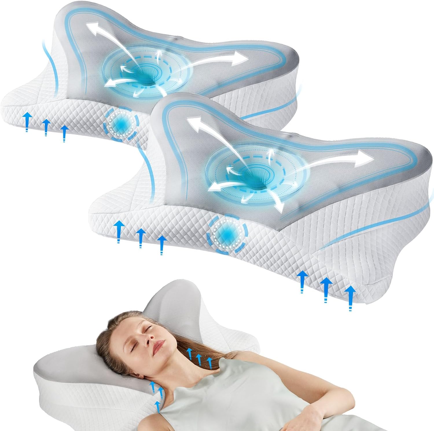 DUMOS Cervical Neck Pillow Set of 2, Cooling Memory Foam Contour Pillow with Arm Rest Slot and Ice Silk Pillowcase, Ergonomic Dual-Height Orthopedic Support for Side, Back, and Stomach Sleepers, Grey