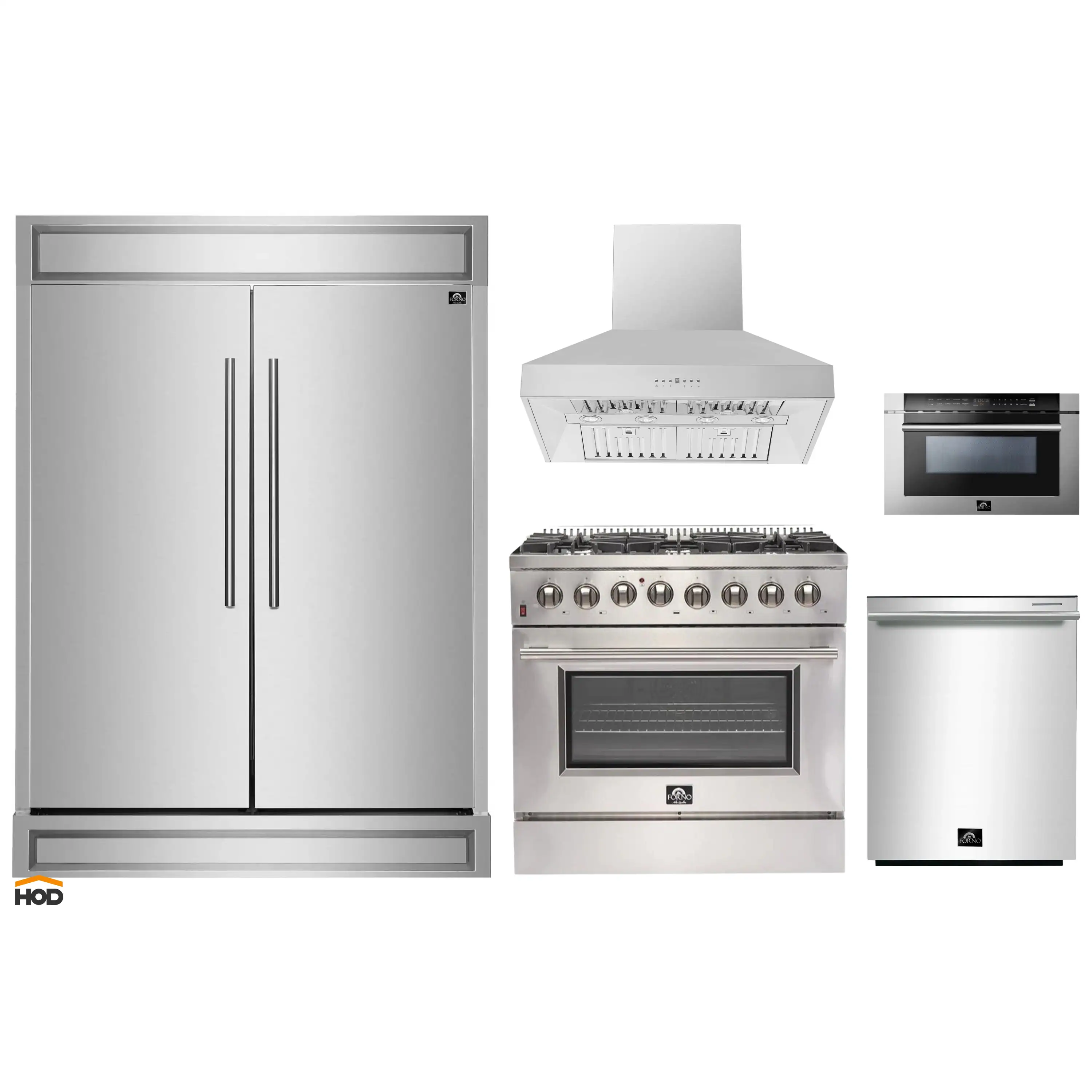 Forno 5-Piece Appliance Package - 36-Inch Dual Fuel Range, 60-Inch Refrigerator, Wall Mount Range Hood, Dishwasher, and 24-Inch Microwave Drawer in Stainless Steel