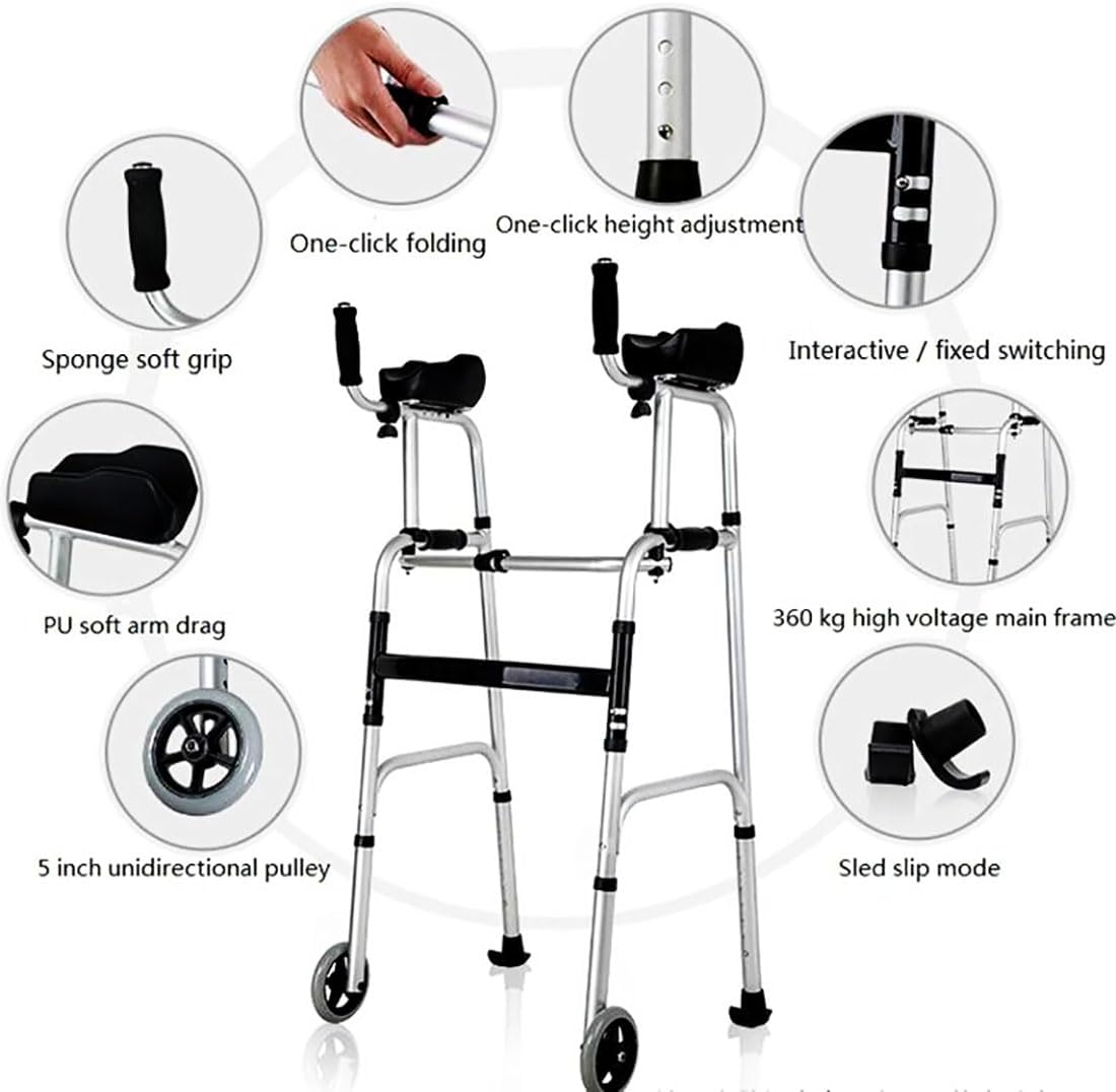 HAILM Foldable Stand Walker with Removable Armrests, 8 Height-Adjustable Aluminum Walkers, Heavy Duty Rollator with Arm Support, Front Wheeled Walker for Seniors, Elderly, Handicap