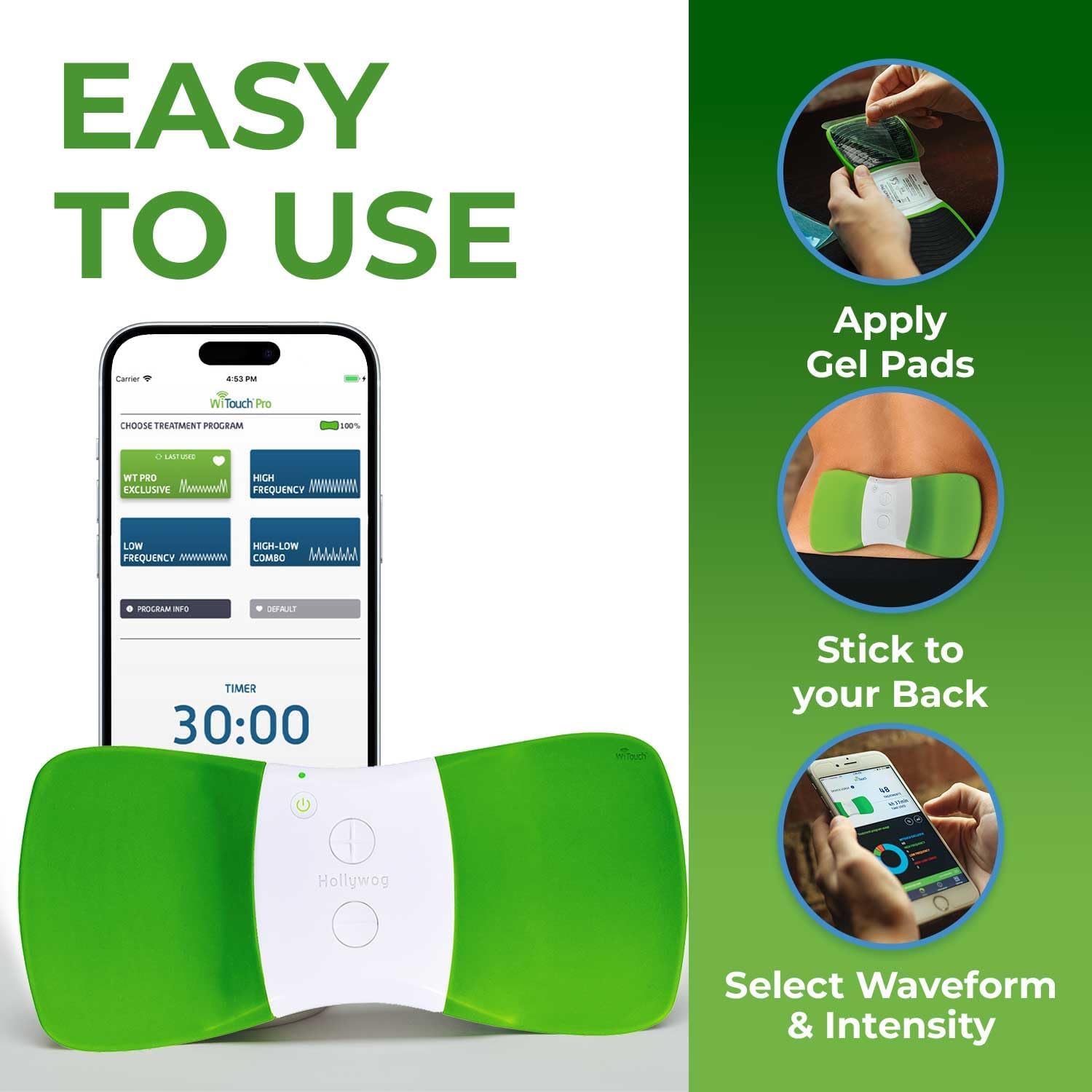 WiTouch Pro Bluetooth TENS Unit – Wireless Lower Back Pain Relief Device | FDA-Cleared, Drug-Free, Wearable & Discreet | 15 Intensity Levels + App Control | Includes 3 Pairs Gel Pads