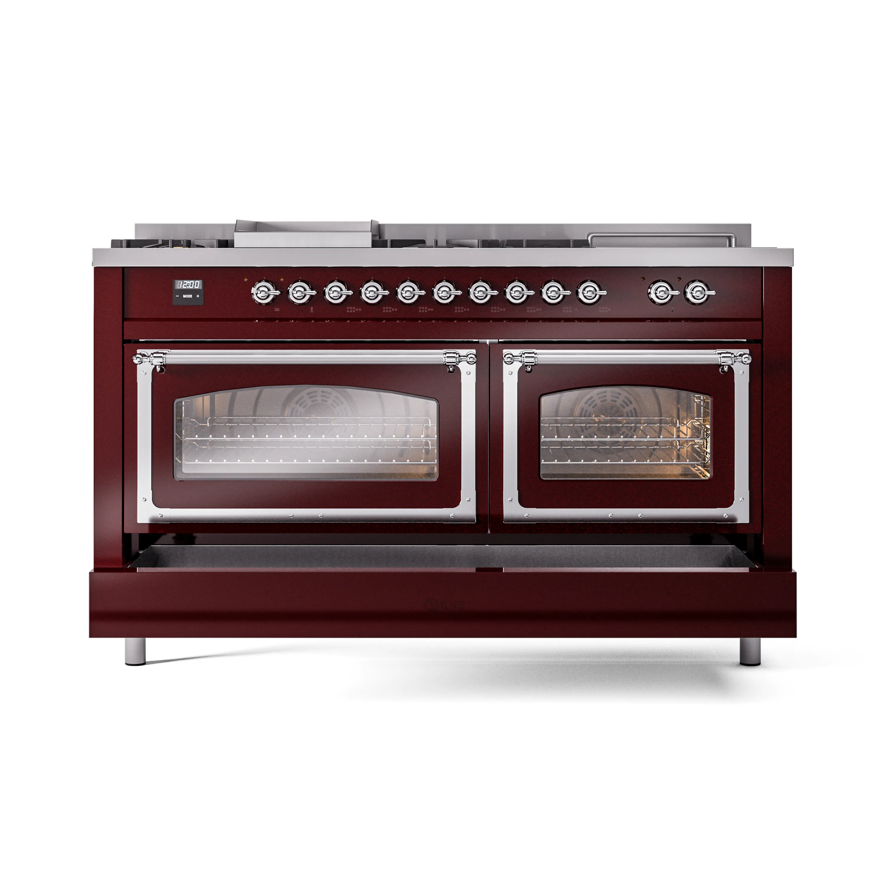 ILVE 60-Inch Nostalgie II Noblesse Dual Fuel Range with 7 Sealed Burners, Griddle, French Top and Triple Glass Door Oven in Burgundy with Chrome Trim (UN60FSNMPBUC)