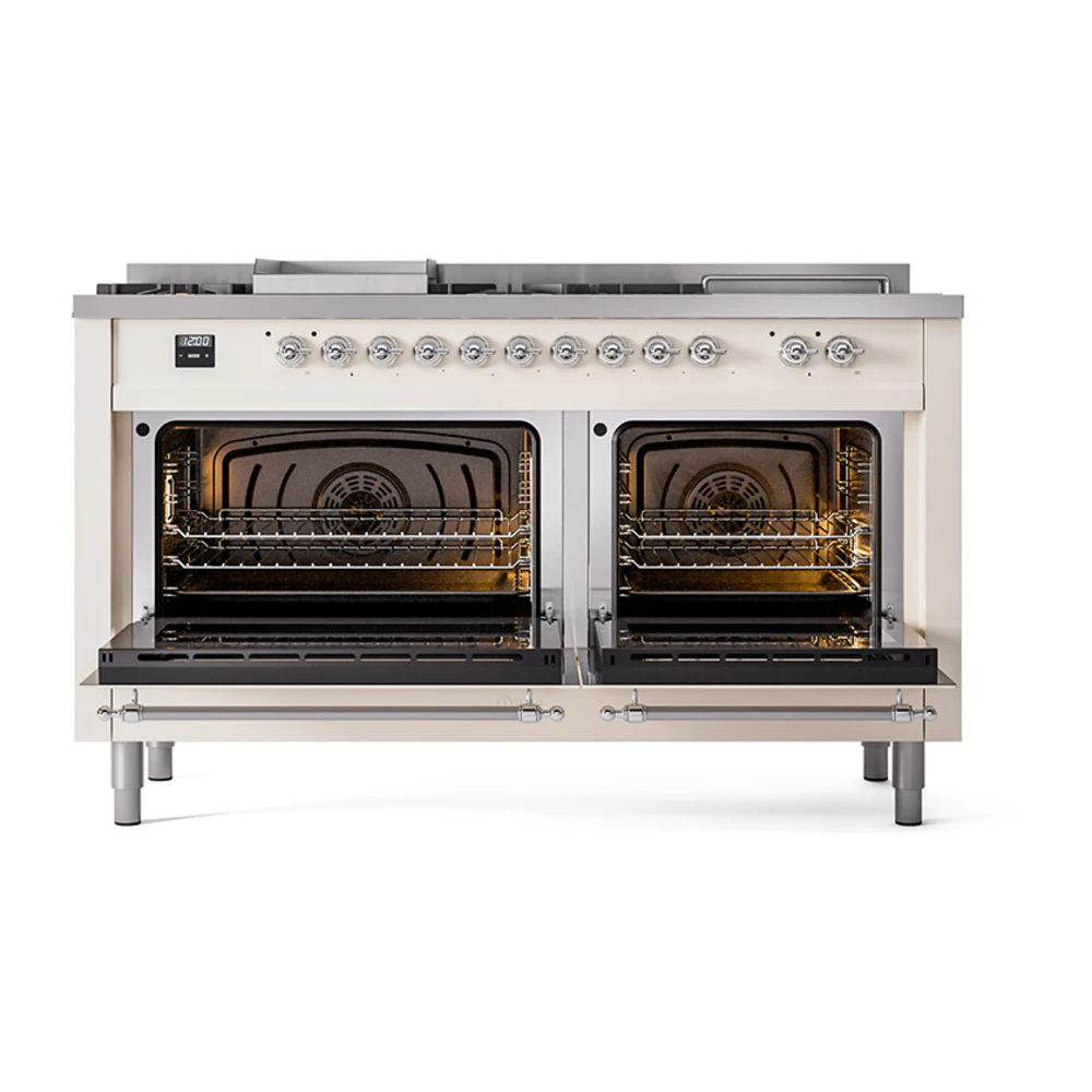 ILVE 60-Inch Nostalgie II Noblesse Dual Fuel Range with 7 Sealed Burners, Gridlde, French Top, and Solid Door Oven in Antique White with Chrome Trim (UN60FSQNMPAWC)