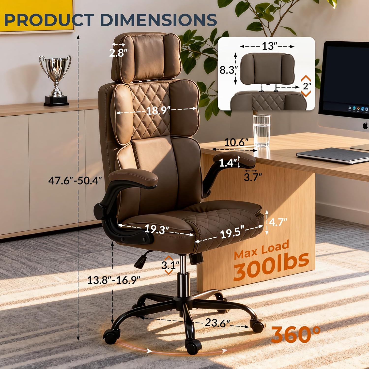 Leather Office Chair with Adjustable Headrest, Padded Flip-Up Armrests, Executive Home Office Desk Chairs with Ergonomic Back Support, Swivel Rolling Computer Chair for Work, Study, Brown