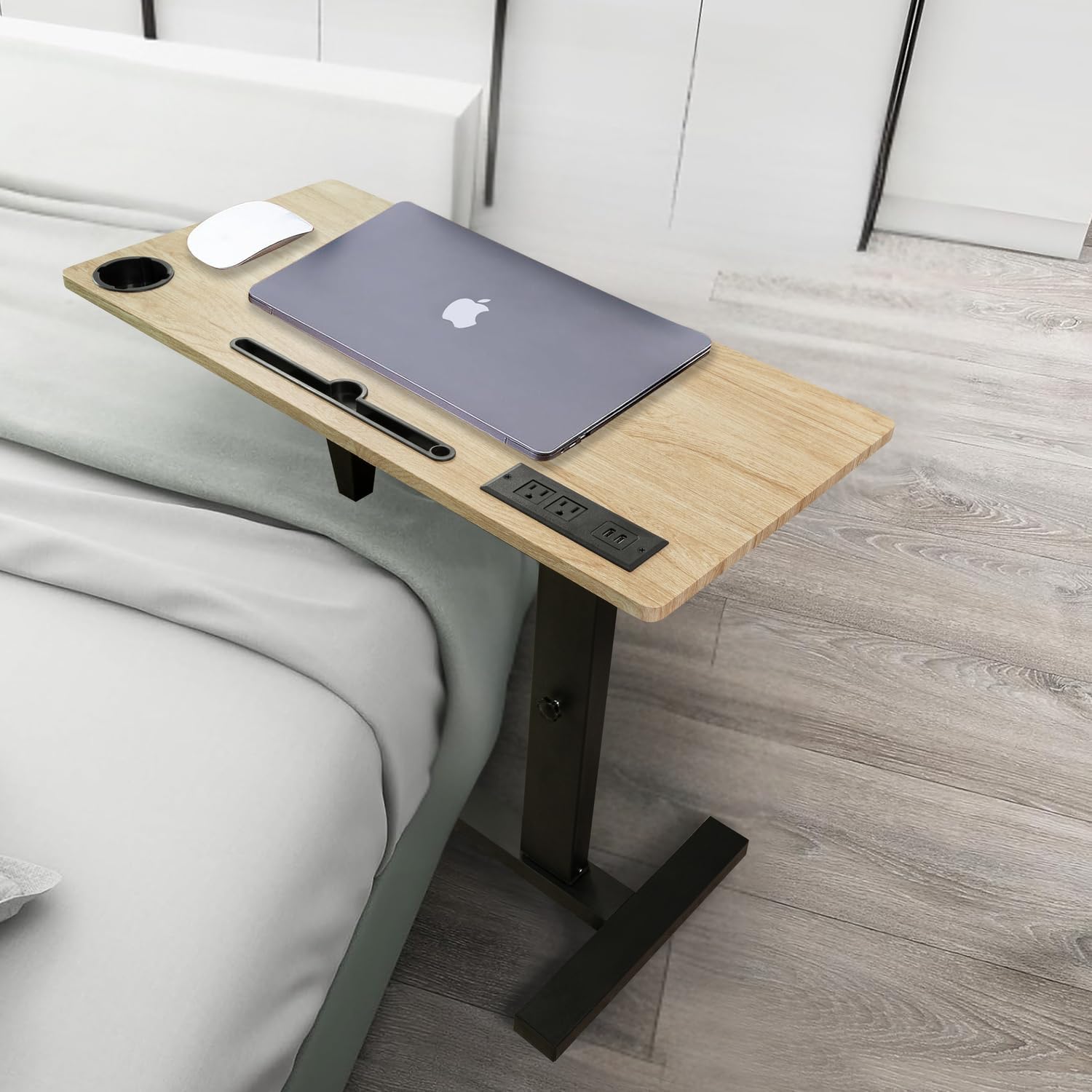 Naomi Home Tamara Adjustable Bed Desk with Wheels – Heavy-Duty Rolling Laptop Table with USB & C-Type Charging, Cup Holder and Hidden Casters Natural,Black
