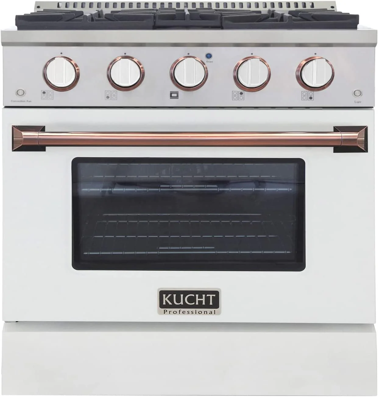 Kucht Signature 30-Inch Propane Gas Range in White with White Knobs & Rose Gold H&le (KNG301/LP-W-ROSE)