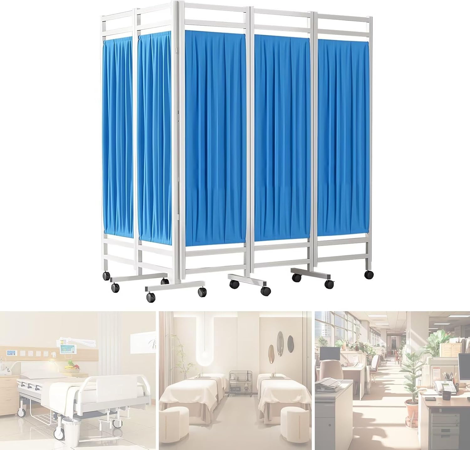 Medical Room Divider with Foldable Panels, Mobile Medical Privacy Screen with Steel Frame, partition Room dividers for Hospital, Nursing Privacy Screen, no Odor Fabric (Blue 5 Panels)