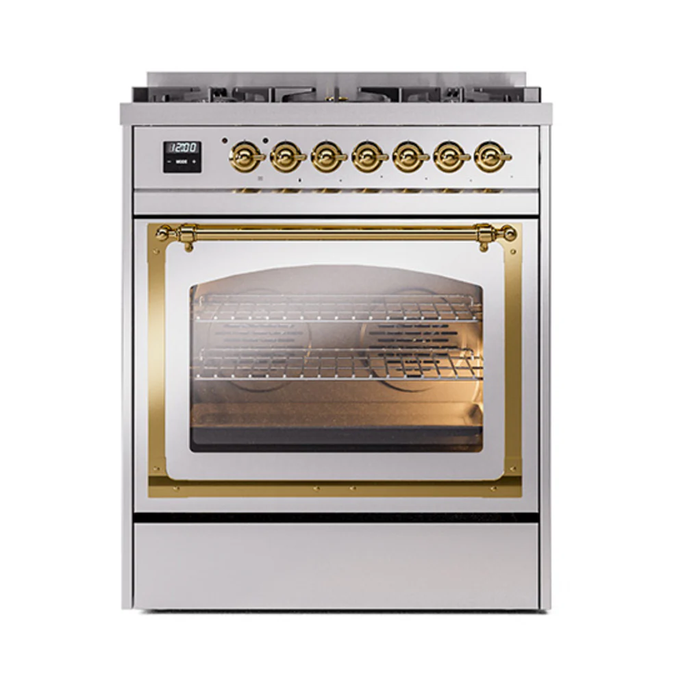 ILVE Nostalgie II Noblesse 30-Inch Dual Fuel Range with Triple Glass Door in Stainless Steel with Brass Trim (UN30NMPSSG)
