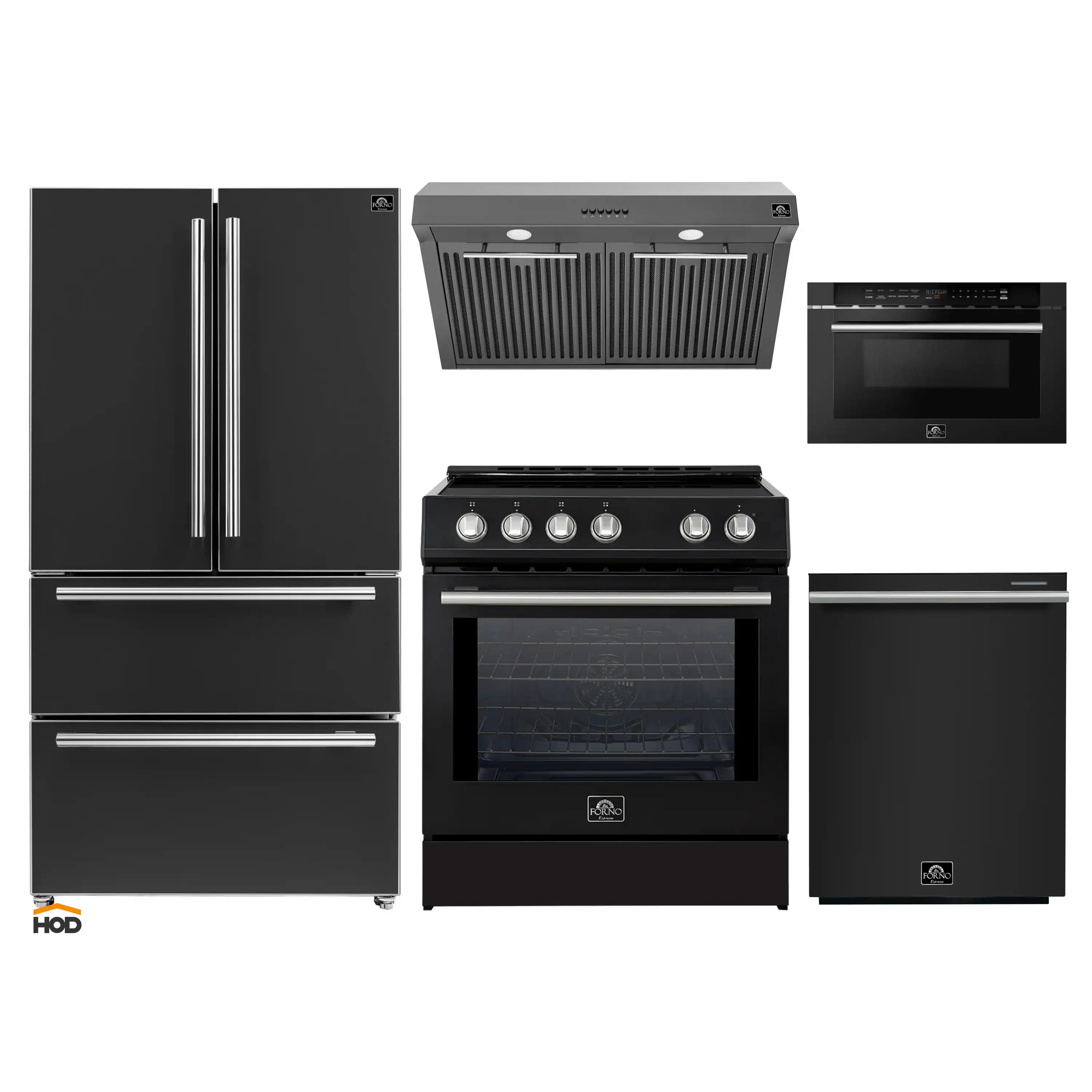 Forno 5-Piece Appliance Package - 30-Inch Induction Range, Under Cabinet Range Hood,  French Door Refrigerator, Dishwasher, and  Microwave Drawer in Black with Stainless Steel Trim