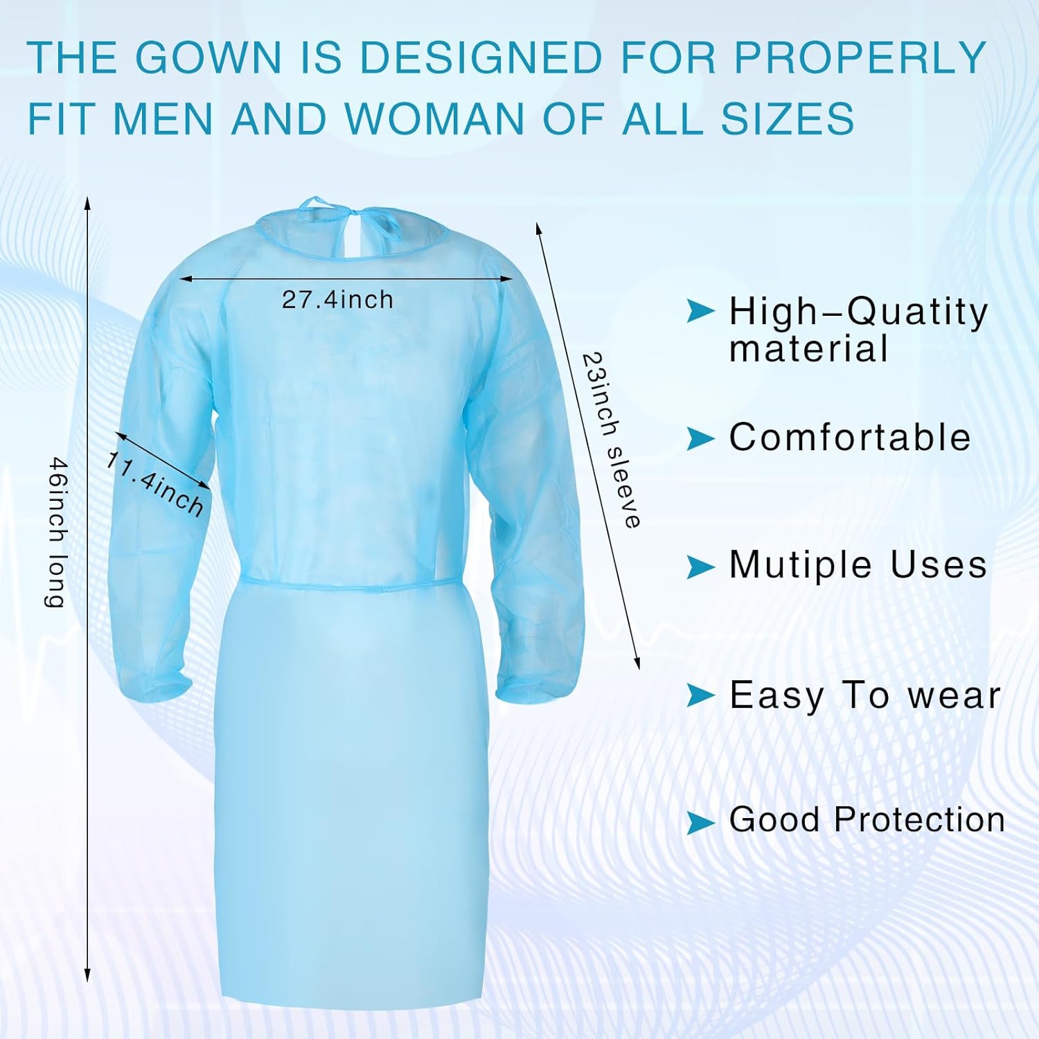 Xuhal 300 Pack Disposable Isolation Gowns PPE Gowns Disposable Bulk Fully Closed Double Tie Back Elastic Cuffs for Home Isolation, Labs, Dental, Beauty Agencies, Tattoo Practices, Unisex (Blue)