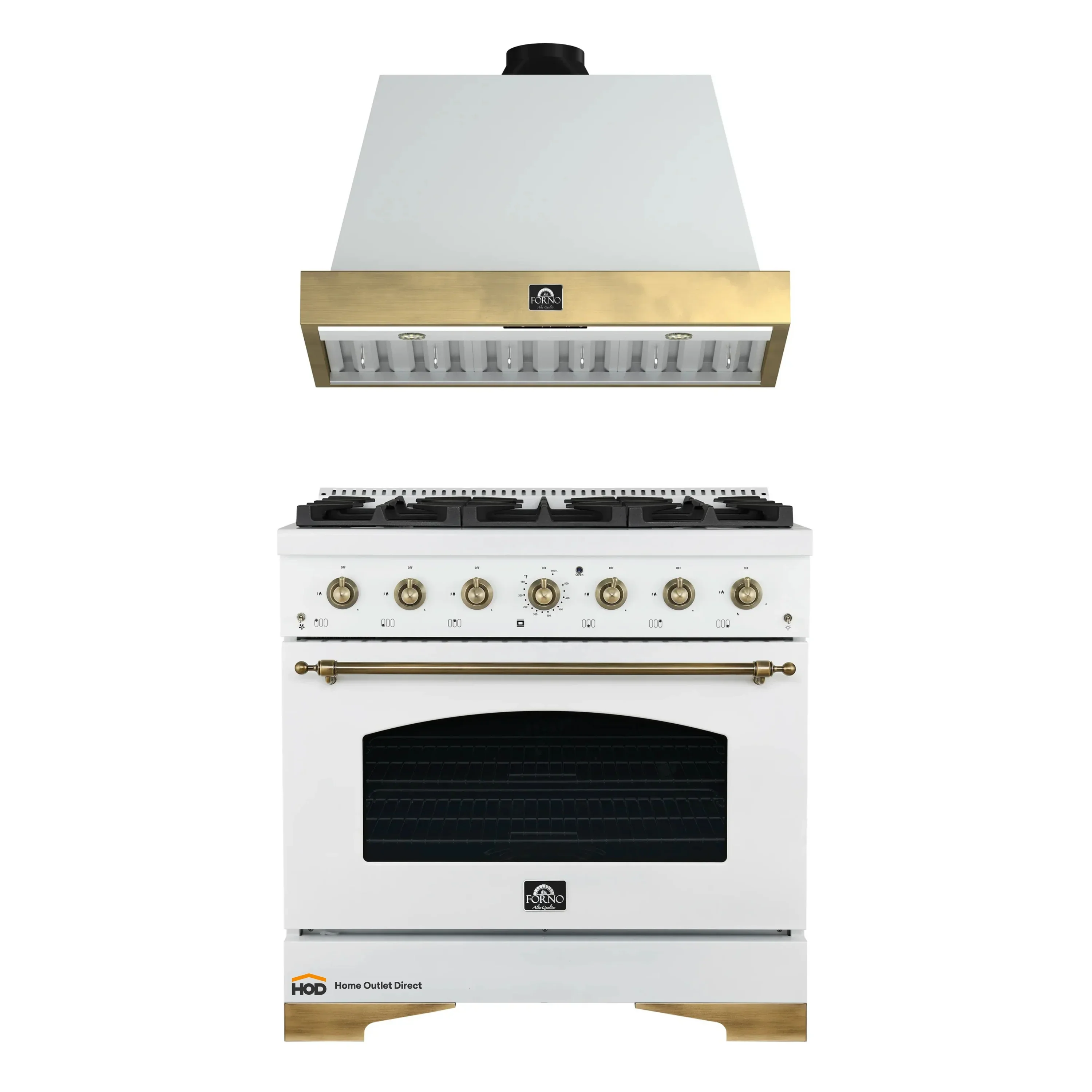 Forno Antico 2-Piece Appliance Package - 36-Inch Gas Range & 36-Inch Wall Mount Range Hood in White with Antique Brass Trim