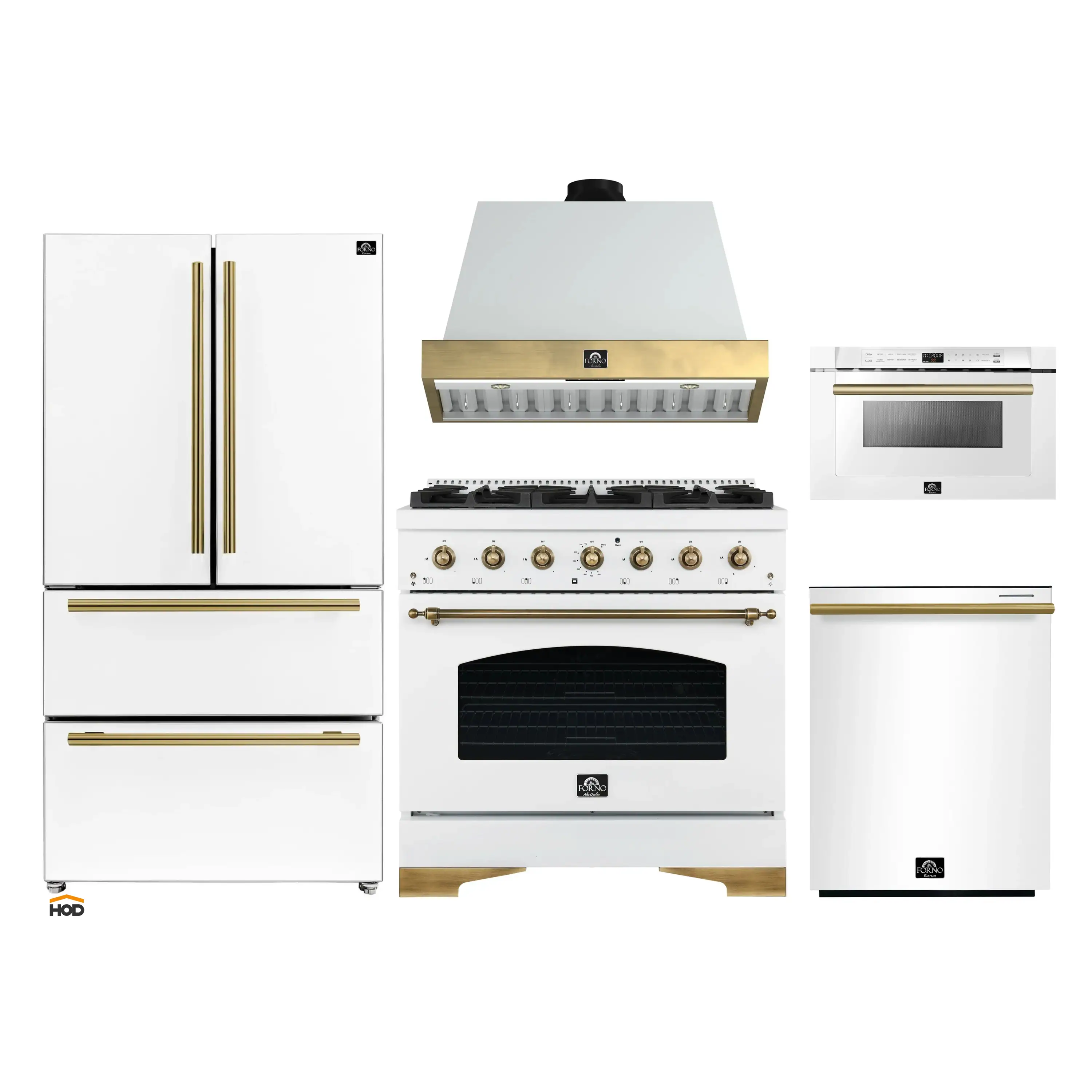 Forno Antico 5-Piece Appliance Package - 36-Inch Dual Fuel Range, 36-Inch Hood, 36-Inch Refrigerator, 24-Inch Dishwasher, & 24-Inch Microwave Drawer in White with Antique Brass Trim