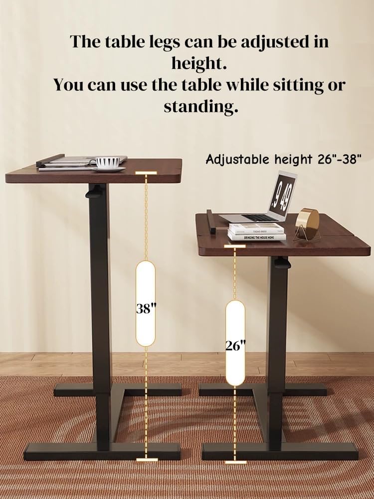 Adjustable Height Mobile Laptop & Bed Tray Table with Lockable Wheels, Tilting Bedside Overbed Table for Reading, Portable Bedside Stand & Rolling Desk with H-Base for Home or Hospital Use, Walnut