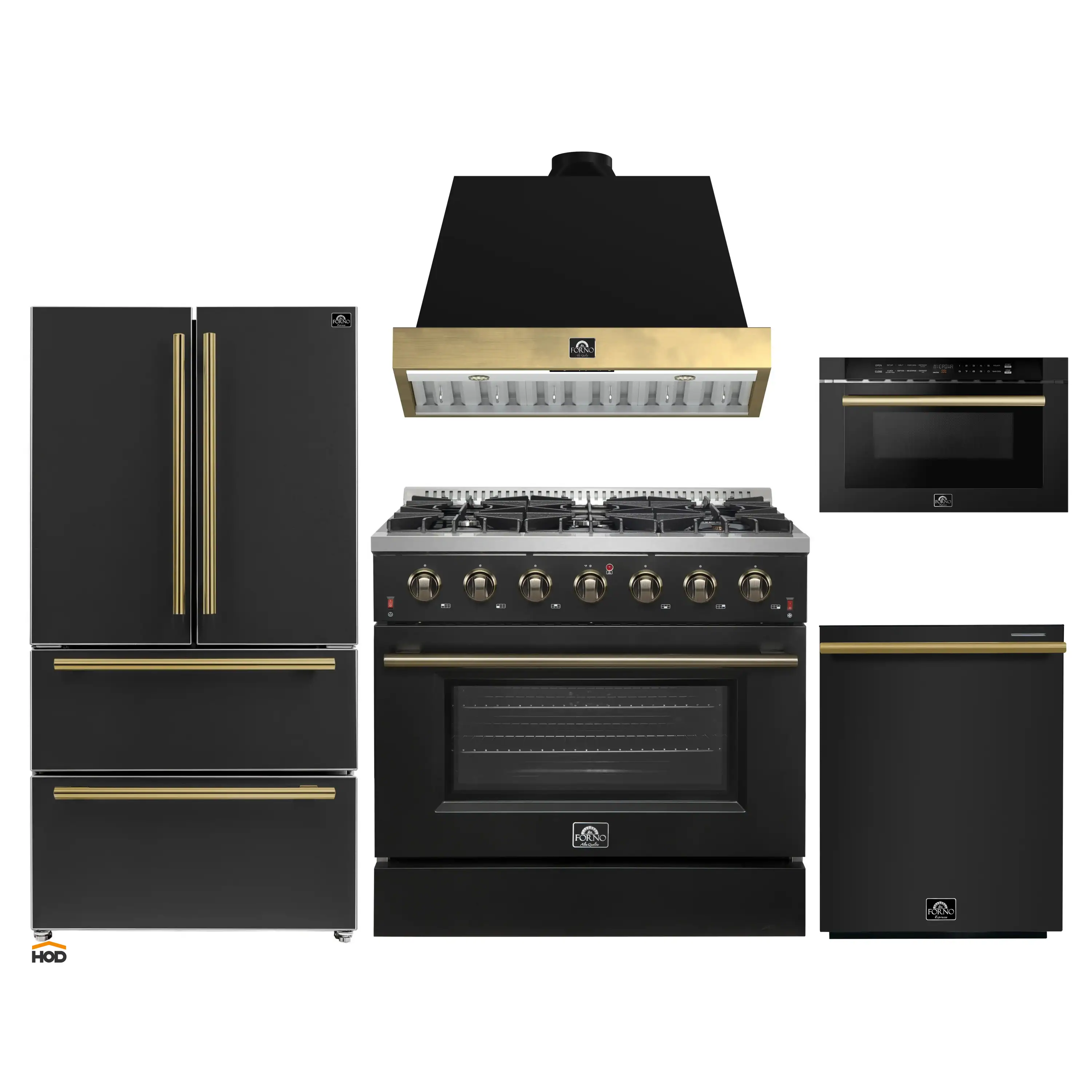 Forno Galiano 5-Piece Appliance Package - 36-Inch Gas Range, 36-Inch Hood, 36-Inch Refrigerator, 24-Inch Dishwasher, & 24-Inch Microwave Drawer in Black with Antique Brass Trim
