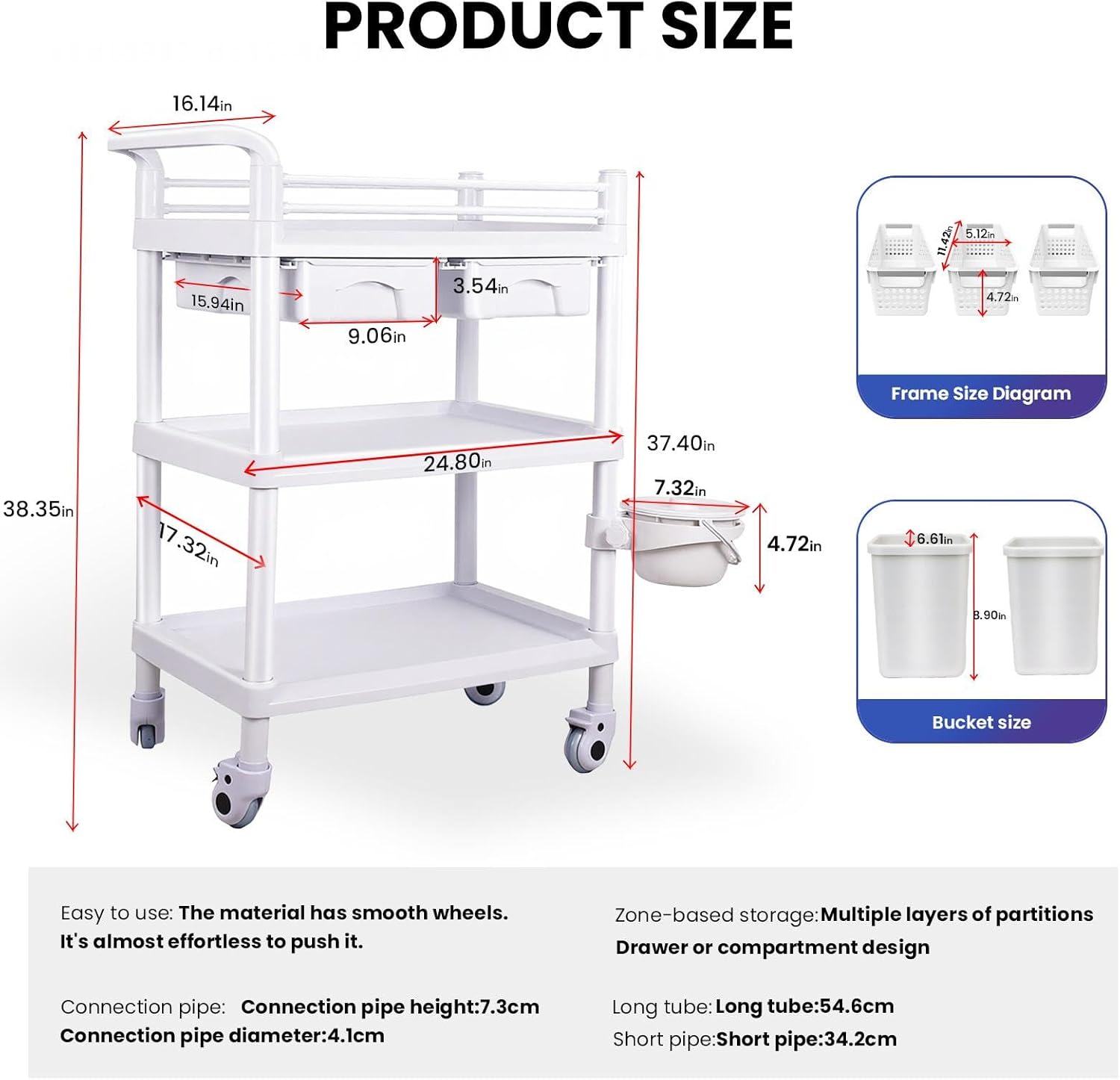 540 lbs Medical Cart, Postpartum Carts, Esthetician Cart 3-Tier – 2 Drawers, 3 Baskets & 3 Trash Cans, Heavy-Duty ABS Build, 360° Silent Wheels for Dental, Beauty, Home