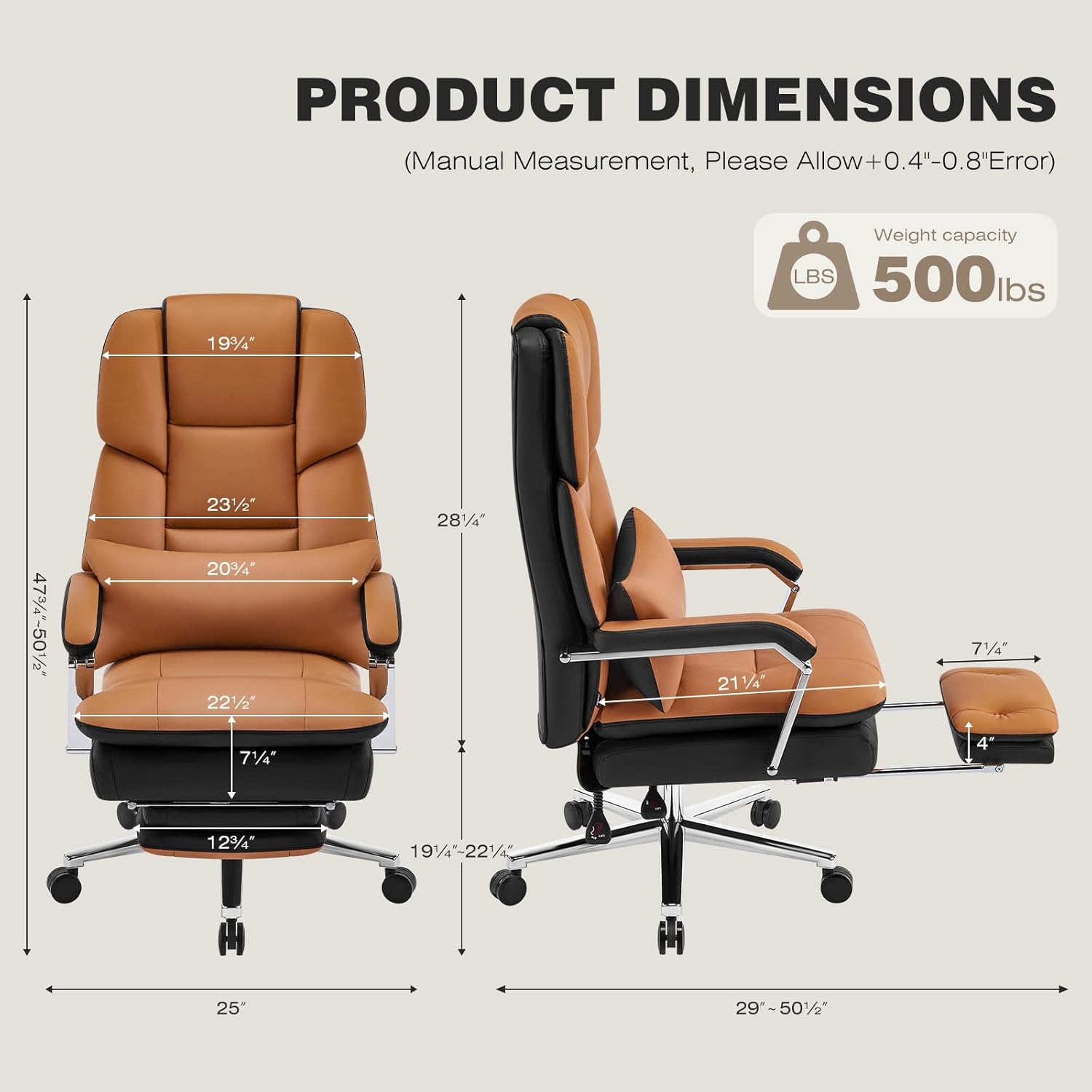 Furniliving Executive Leather Office Chair with Footrest, Big and Tall Office Chair 500lbs,Wide Seat Reclining Desk Chair with Lumbar Support, Armrest, Brown