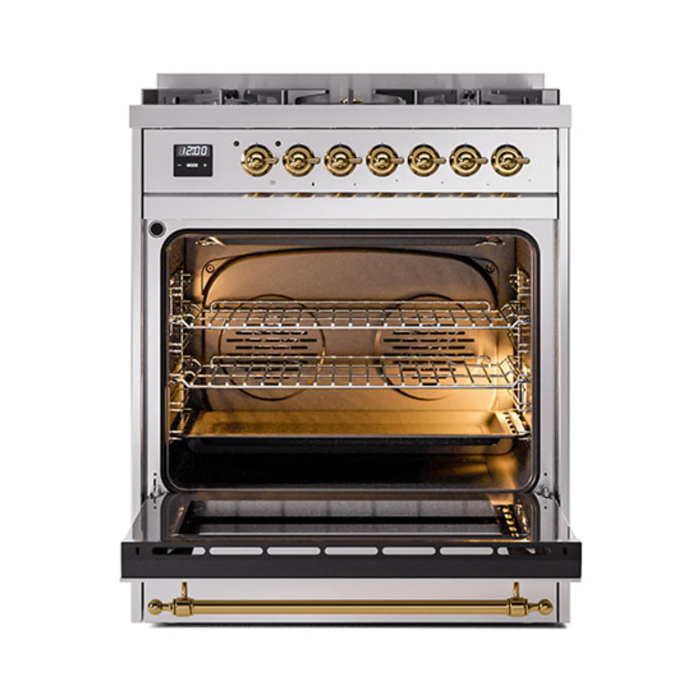 ILVE Nostalgie II Noblesse 30-Inch Dual Fuel Range with Solid Door in Stainless Steel with Brass Trim (UN30QNMPSSG)