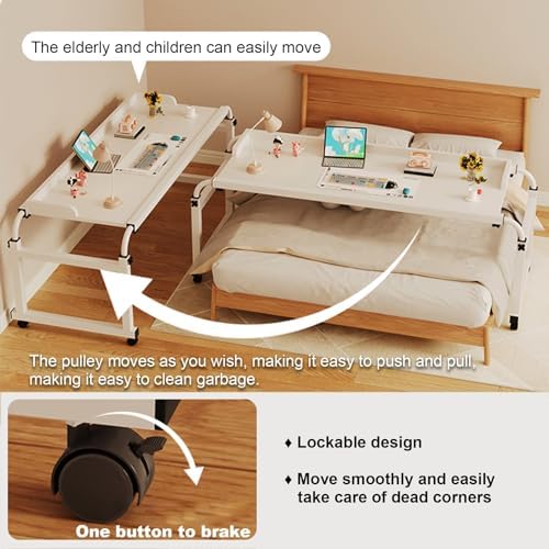Rolling Over Bed Table, Adjustable Over Bed Desk with Wheels - Height & Width Adjustable Laptop Workstation, Mobile Food Tray & Medical Table for Home & Office Use