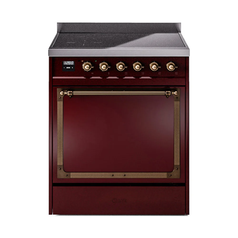 ILVE 30-Inch Nostalgie II Noblesse Induction Range with Solid Door Oven in Burgundy with Bronze Trim (UNI304QNMPBUB)