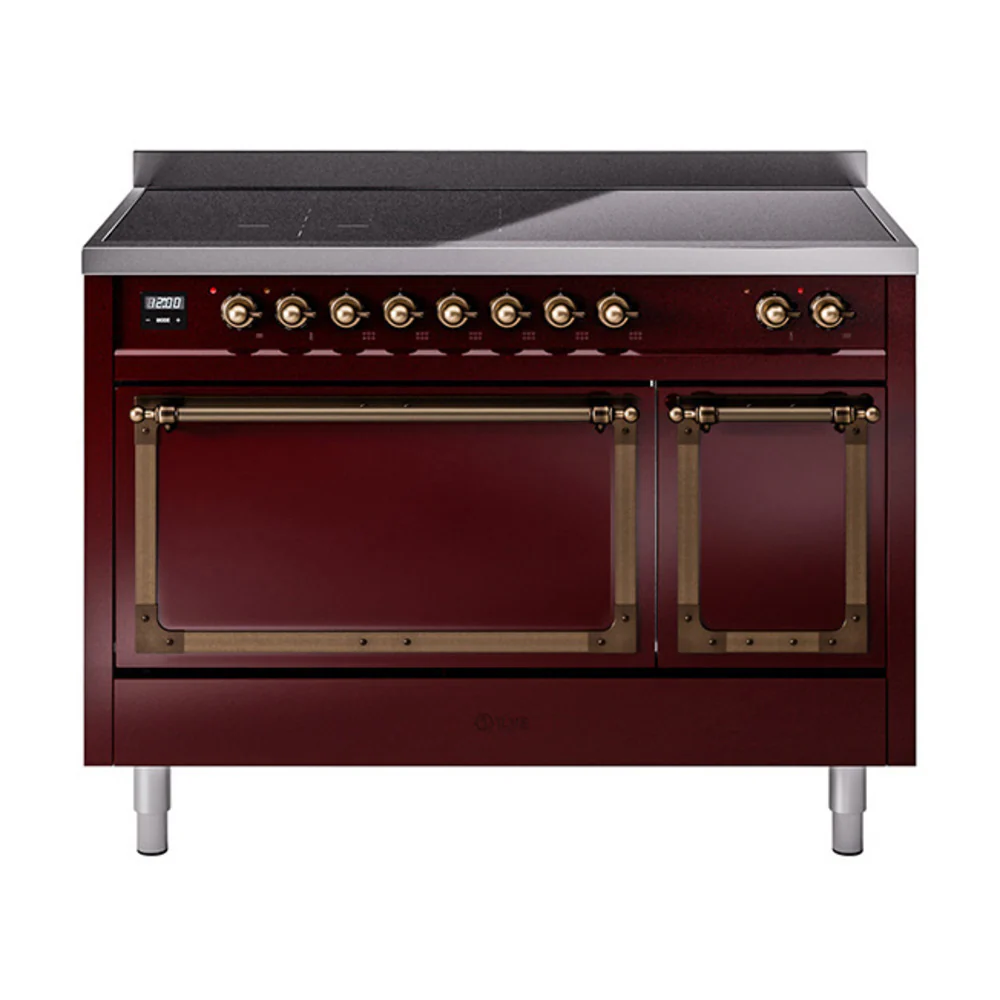 ILVE Nostalgie II Noblesse 48-Inch Induction Range with Solid Door Oven in Burgundy with Bronze Trim (UNI486QNMPBUB)