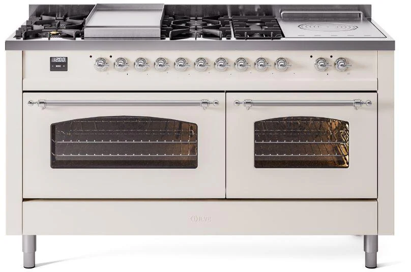 ILVE Nostalgie II 60-Inch Dual Fuel Range with 7 Burners, Griddle, & French Top with Triple Glass Door Oven in Antique White with Chrome Trim (UP60FSNMPAWC)