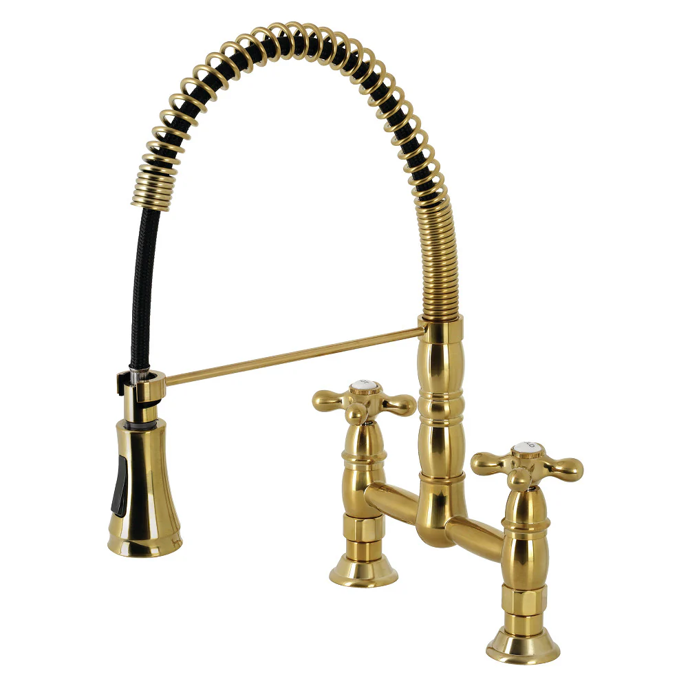 Kingston Brass Gourmetier Heritage Double-Handle Deck-Mount Pre-Rinse Bridge Kitchen Faucet, Brushed Brass (GS1277AX)