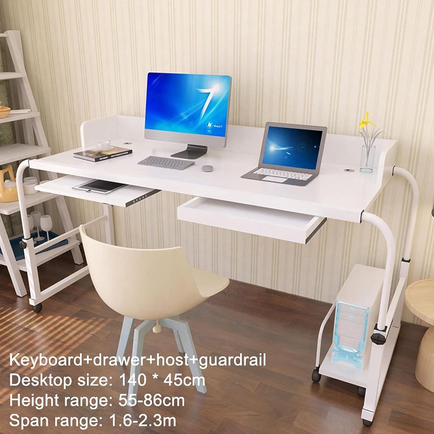 Overbed Table with Wheels, Rolling Laptop Stand Over Bed Desk, Trolley Mobile Writing Study Desk,Adjustable Length and Height Hospital Tray Table 140cm