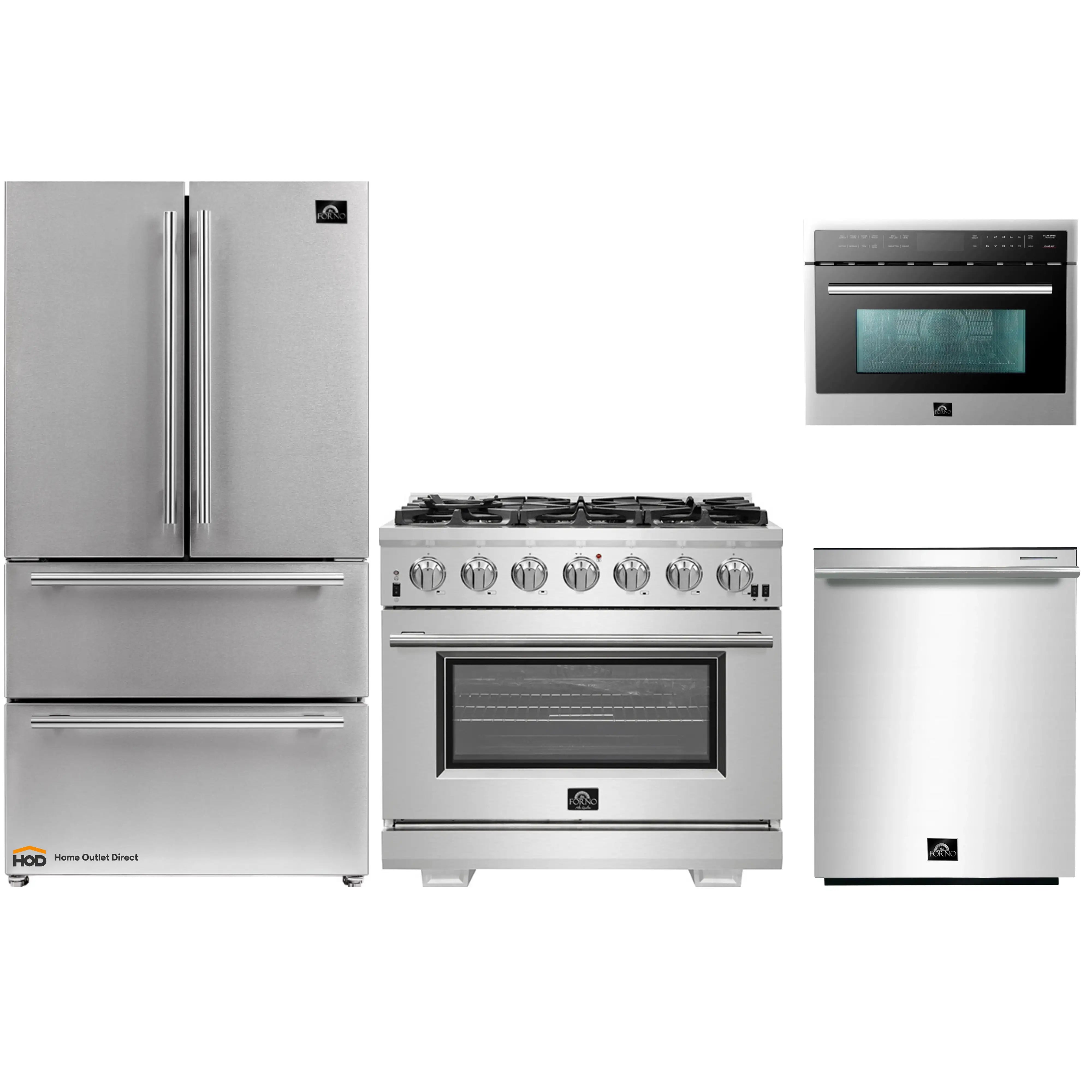 Forno 4-Piece Pro Appliance Package - 36-Inch Gas Range, Refrigerator, 24-Inch Microwave Oven, & 3-Rack Dishwasher in Stainless Steel