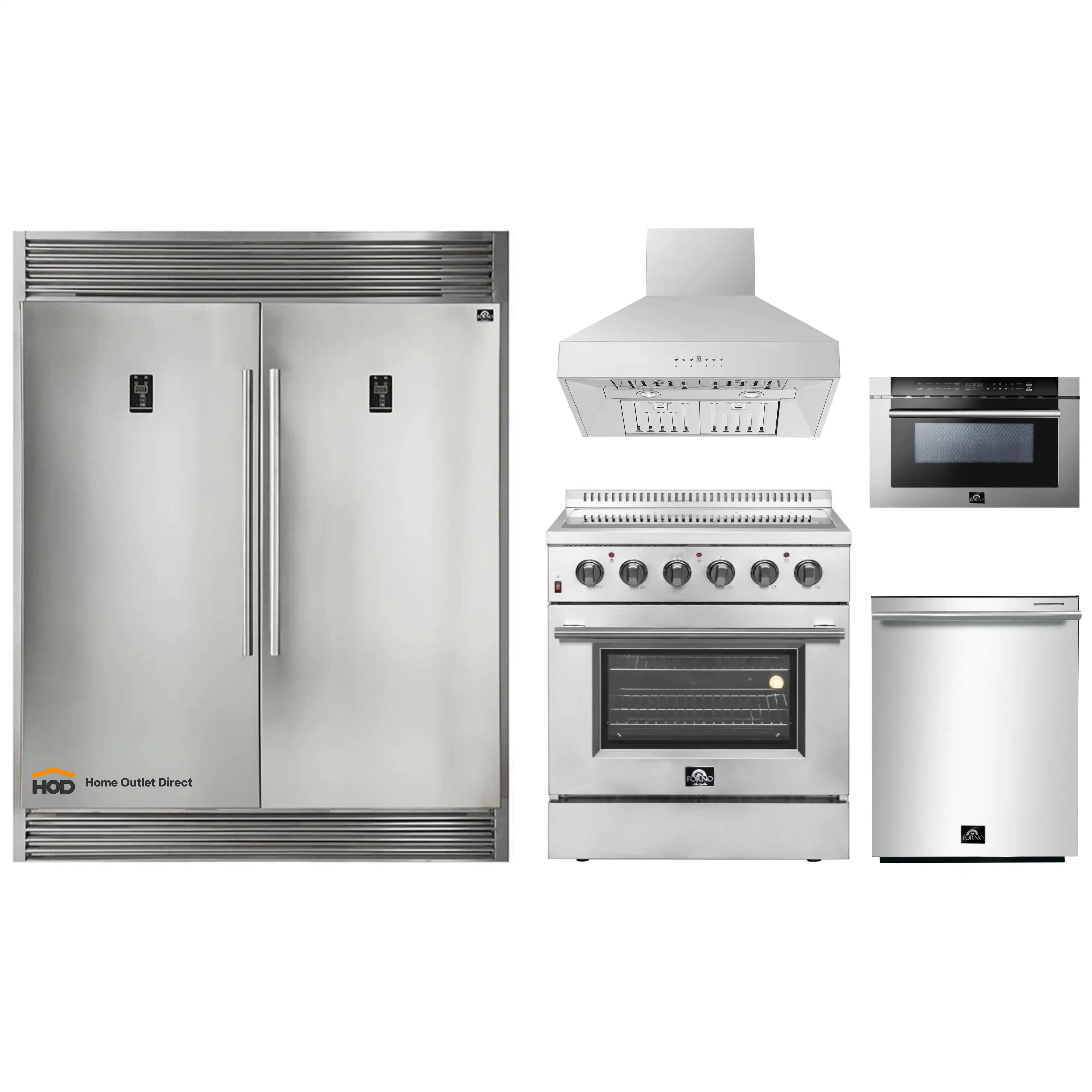 Forno 5-Piece Appliance Package - 30-Inch Electric Range, Wall Mount Range Hood, Pro-Style Refrigerator, Dishwasher, and 24-Inch Microwave Drawer in Stainless Steel
