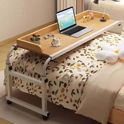Medical Table with Wheels，Overbed Table Computer Desk with Desktop Baffl Over Bed Desk Height Adjustable 65-95cm Food Tray Desk Standing Over Bed Table King Size(Color:Wood)